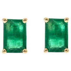 1.10 Carat Emerald Cut Emerald Diamond Accents 14K Yellow Gold Stud Earring