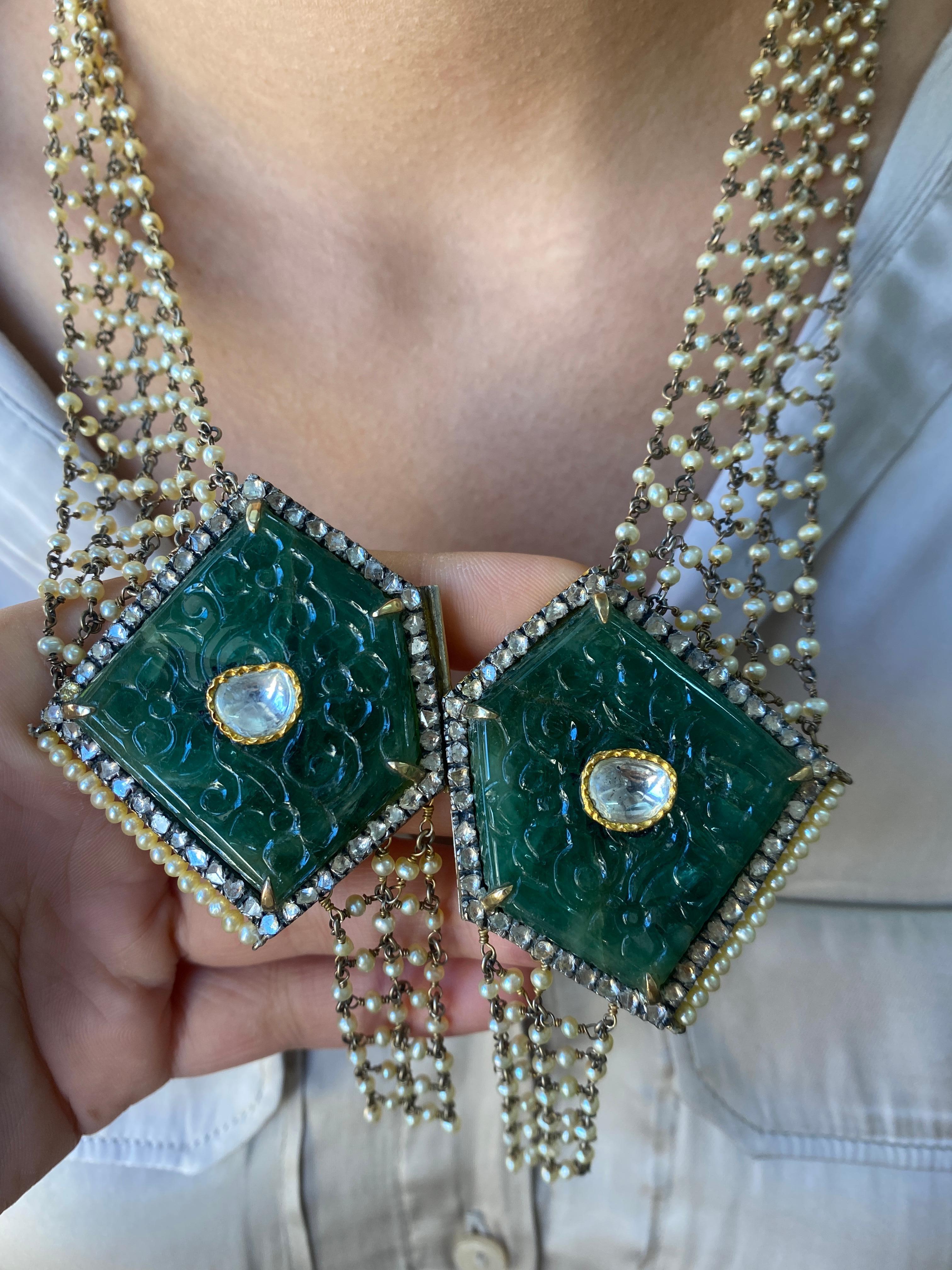110 Karat Smaragd-, Diamant- und Perlen-Perlen-Halskette im Angebot 4