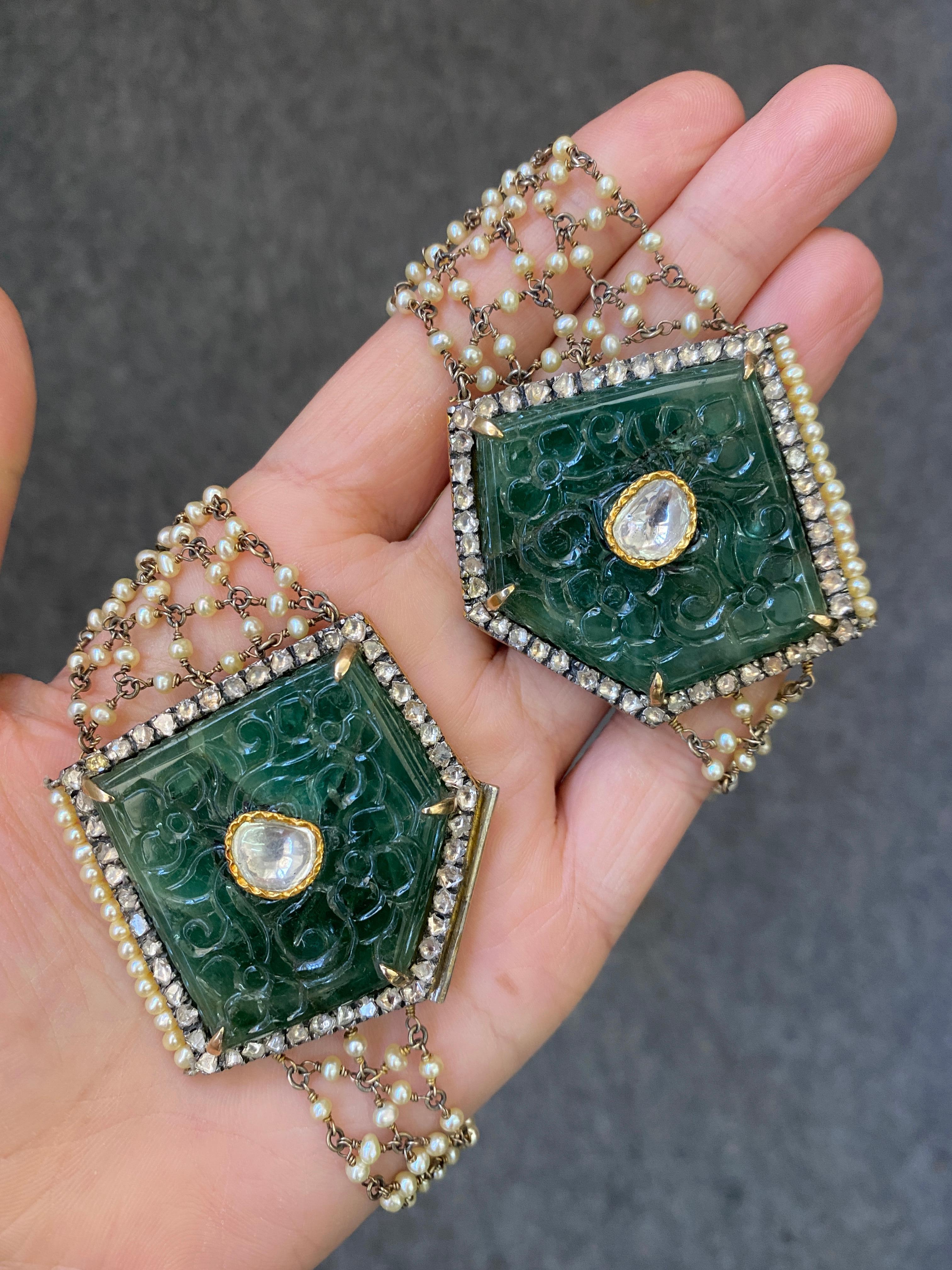 110 Karat Smaragd-, Diamant- und Perlen-Perlen-Halskette im Angebot 5