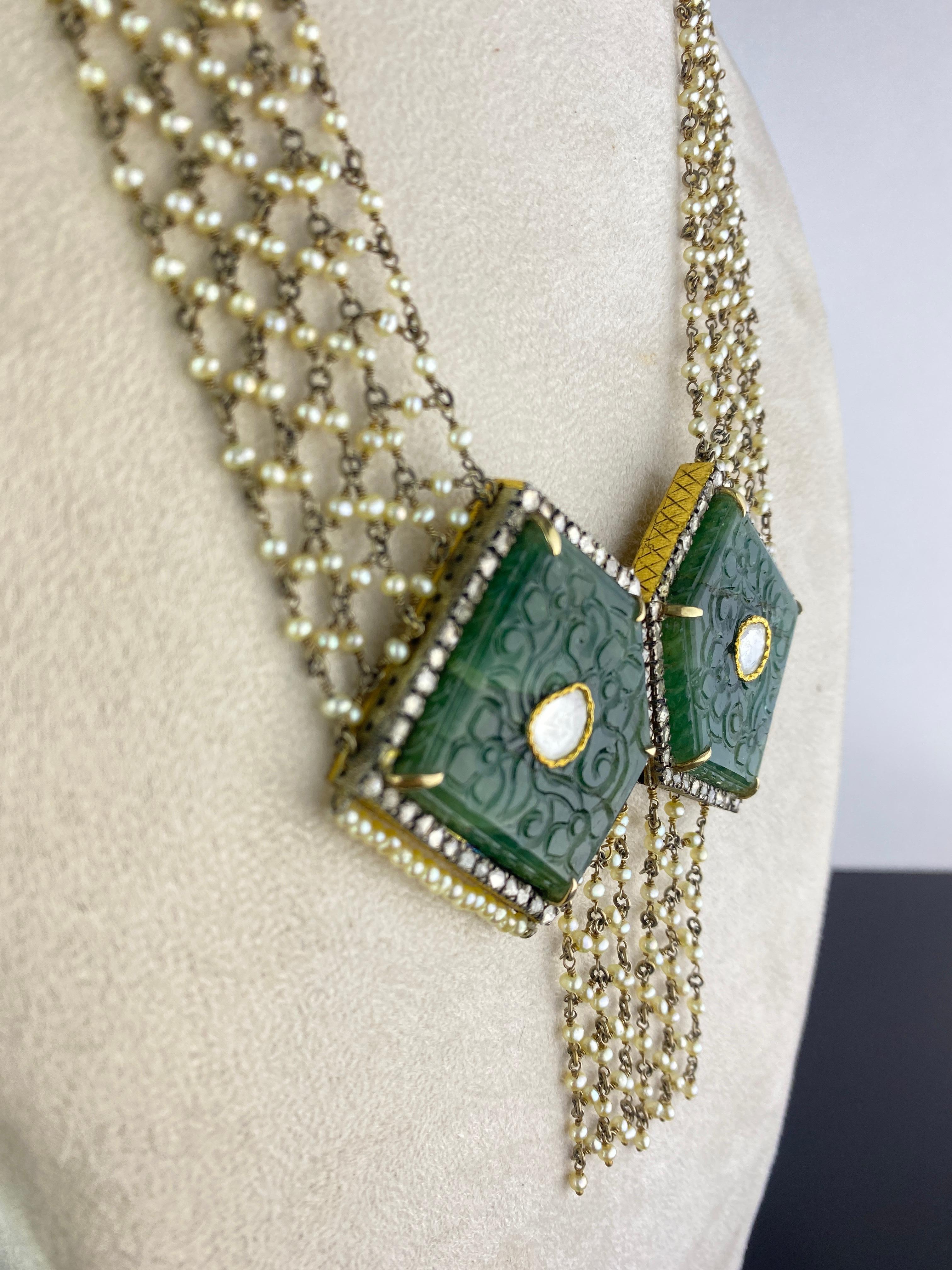 110 Karat Smaragd-, Diamant- und Perlen-Perlen-Halskette im Zustand „Neu“ im Angebot in Bangkok, Thailand