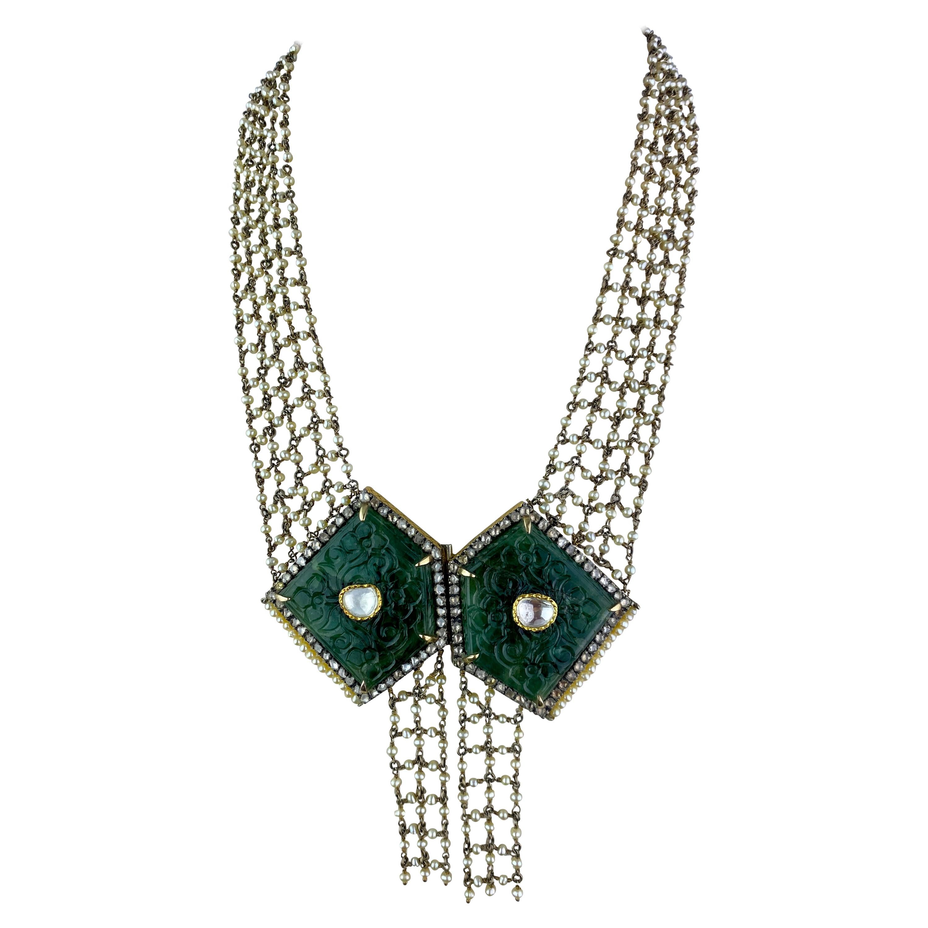 110 Karat Smaragd-, Diamant- und Perlen-Perlen-Halskette im Angebot