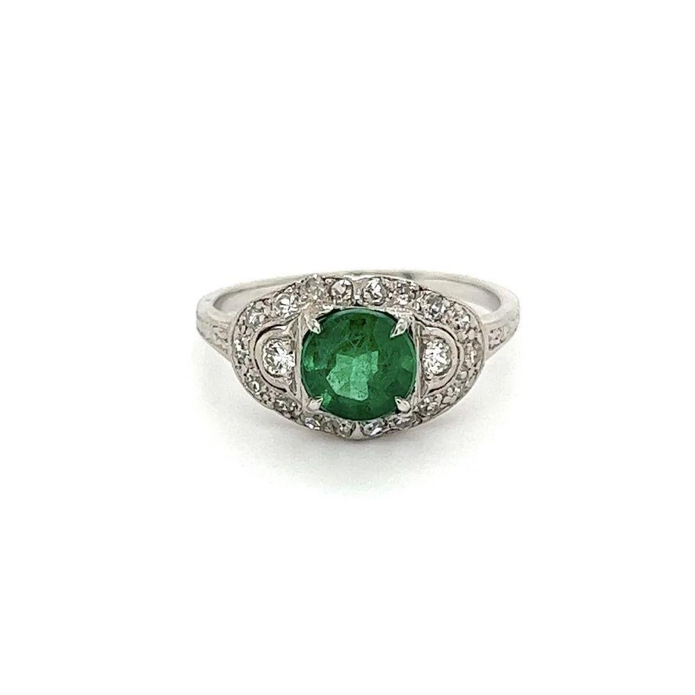 Round Cut 1.10 Carat Emerald Diamond Platinum Vintage Art Deco Ring Estate Fine Jewelry For Sale