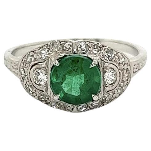 1.10 Carat Emerald Diamond Platinum Vintage Art Deco Ring Estate Fine Jewelry
