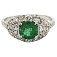 1.10 Carat Emerald Diamond Platinum Retro Art Deco Ring Estate Fine Jewelry