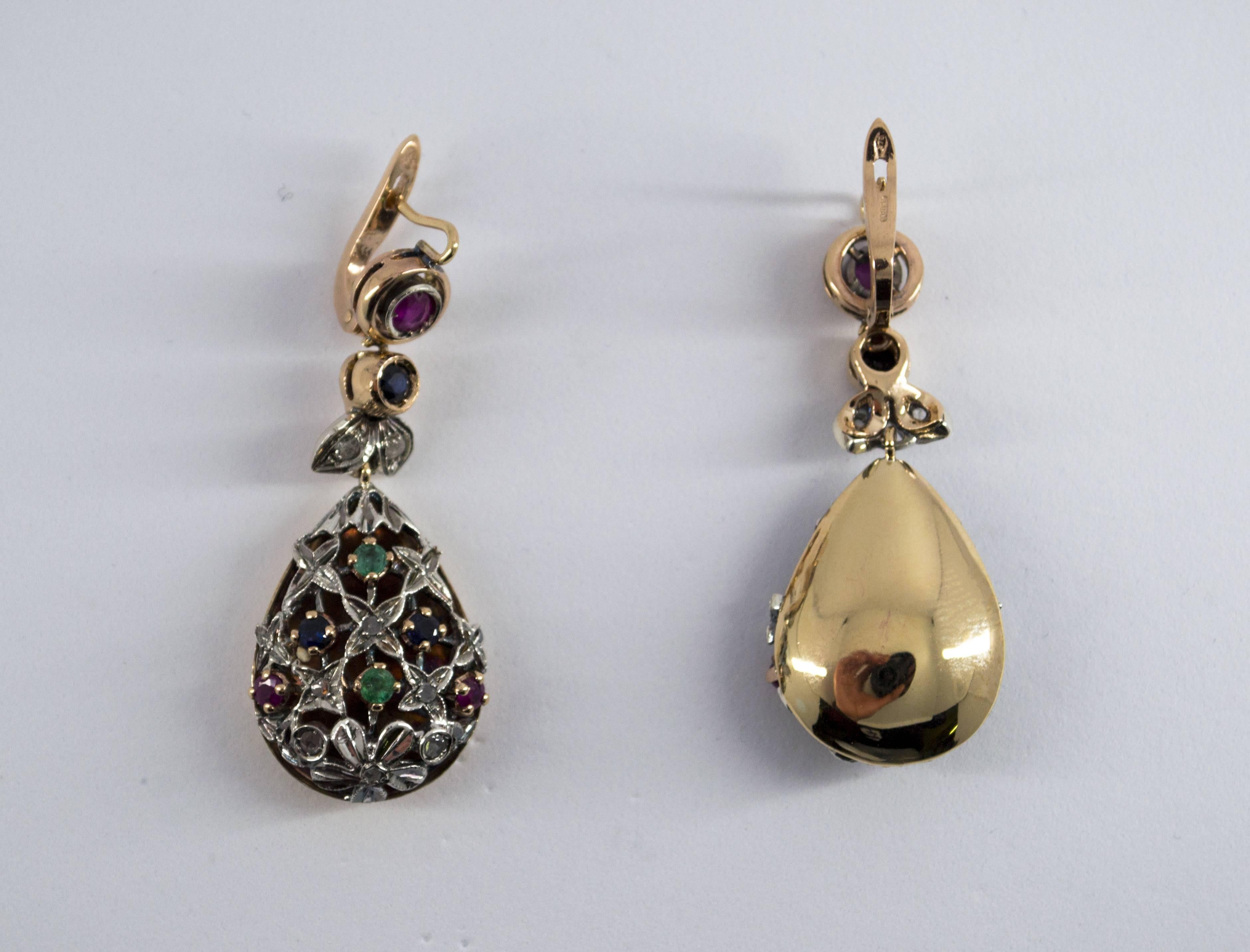 1.10 Carat Emerald Ruby Sapphire Diamond Yellow Gold Lever-Back Earrings 1