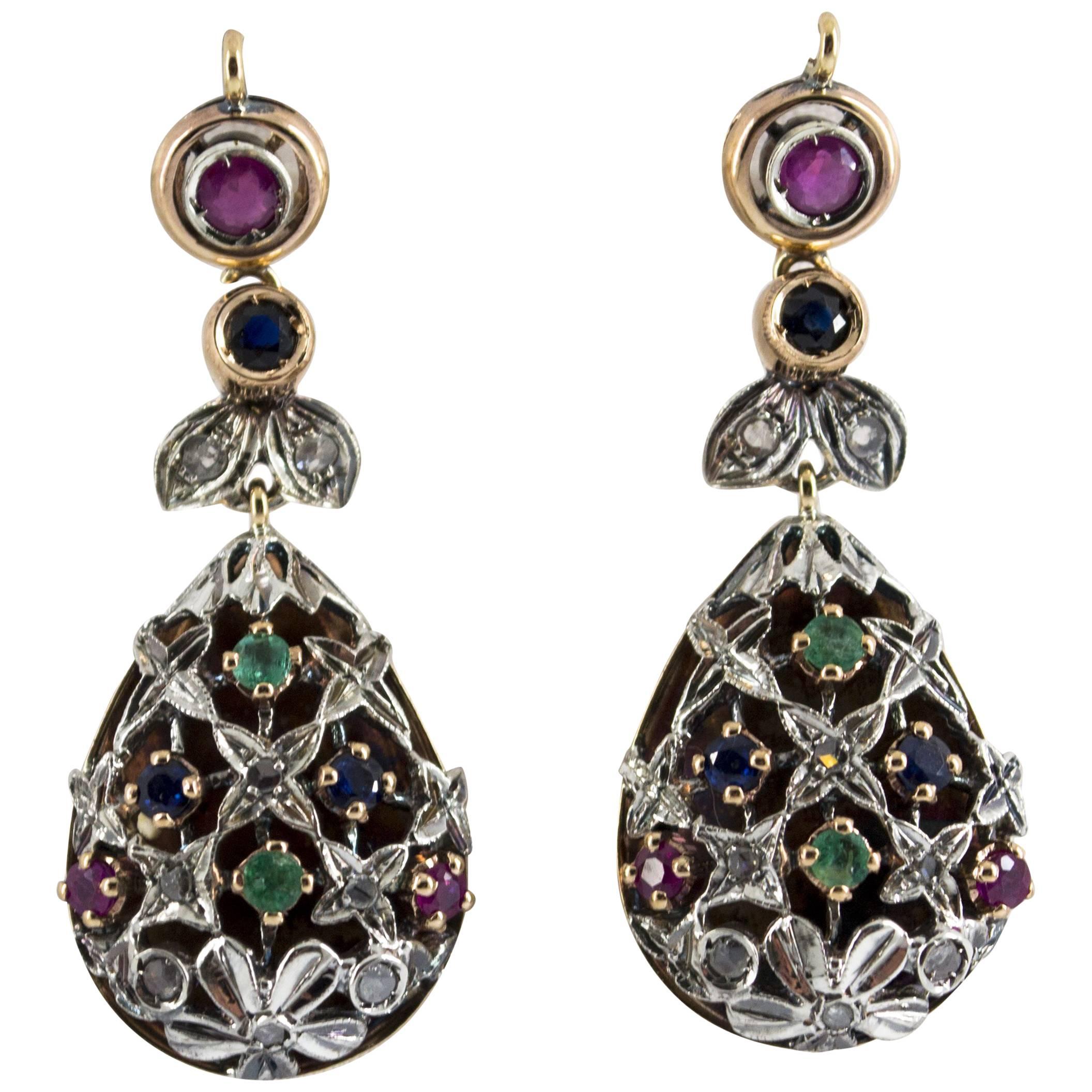 1.10 Carat Emerald Ruby Sapphire Diamond Yellow Gold Lever-Back Earrings