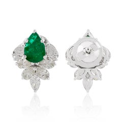 1.10 Carat Emerald Stud Earrings 1.30 Carat Pear Diamond 18 Karat White Gold