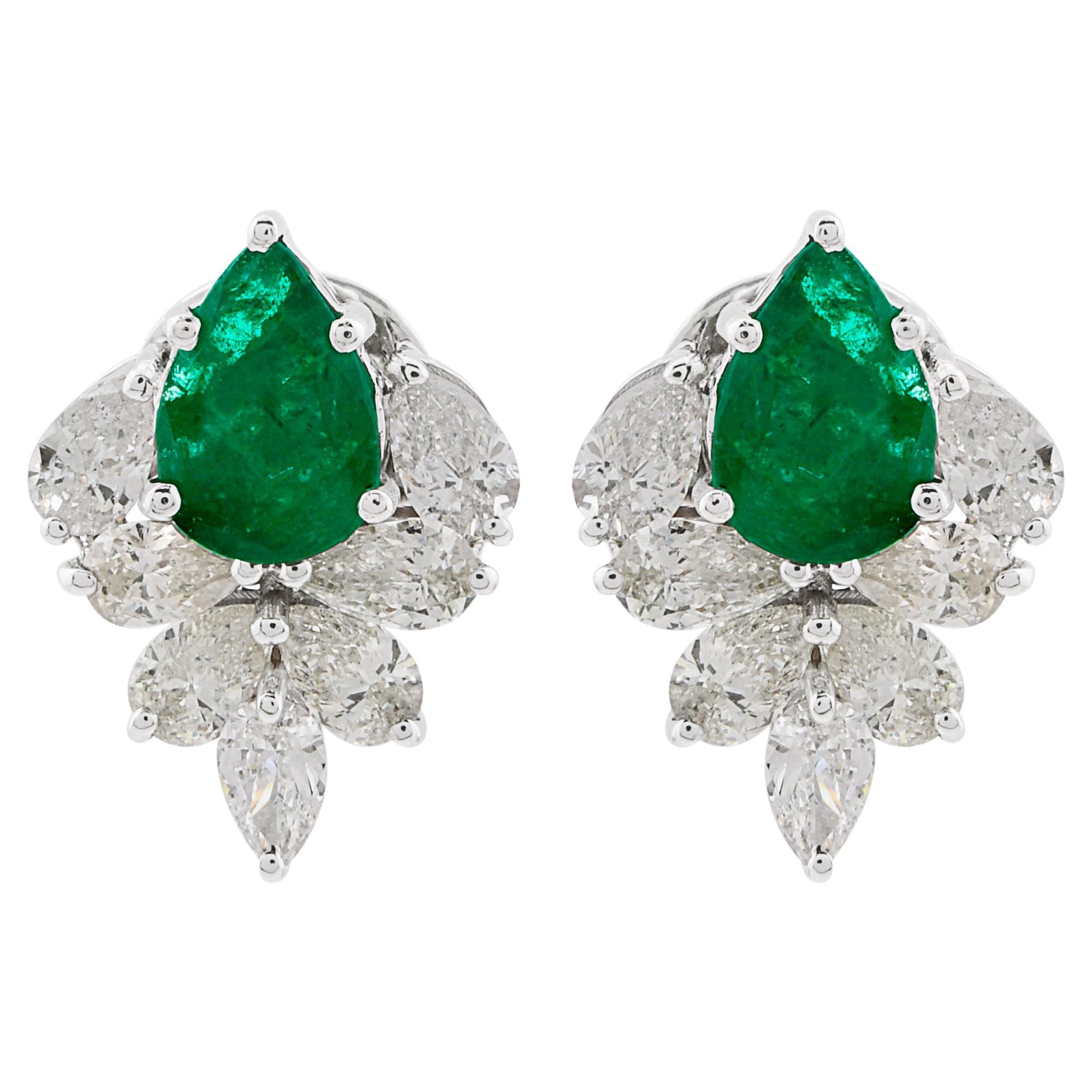 1.10 Carat Emerald Stud Earrings 1.30 Carat Pear Diamond 18 Karat White Gold