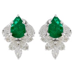 1.10 Carat Emerald Stud Earrings 1.30 Carat Pear Diamond 18 Karat White Gold