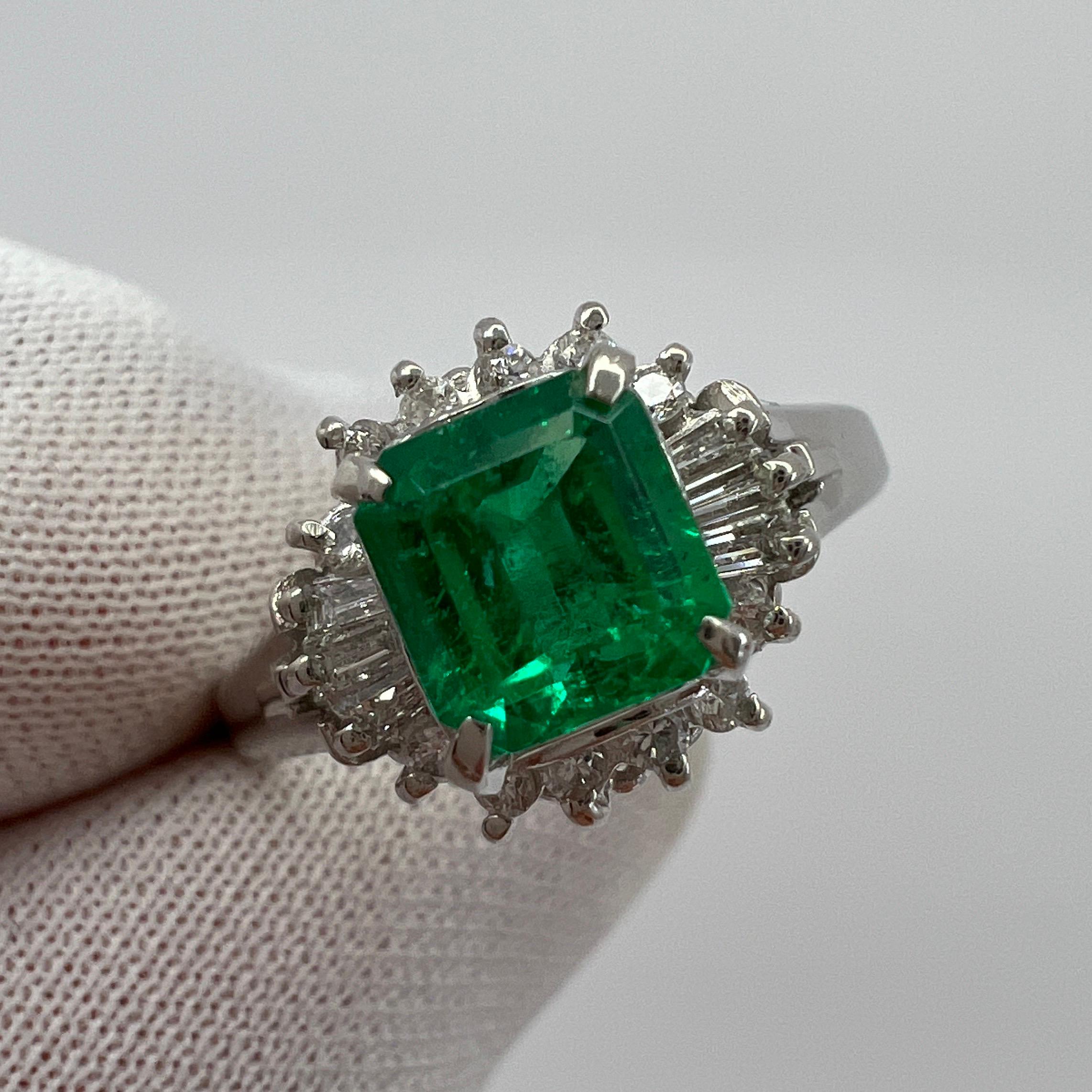 Fine Vivid Green Emerald & Diamond Platinum Halo Cocktail Ring.

1.10 Total carat weight. Stunning 0.86 carat Colombian emerald with a fine vivid green colour and an excellent emerald octagonal cut. The emerald has very good clarity, very clean