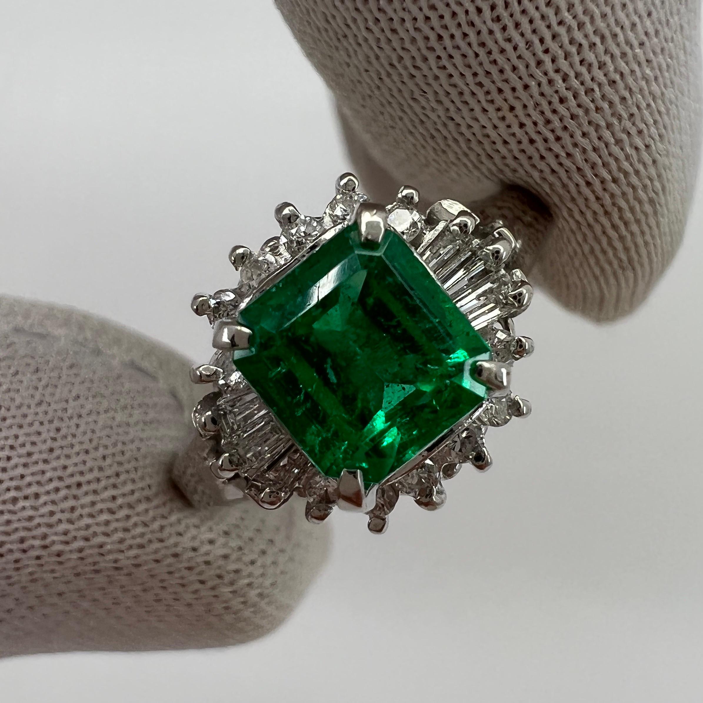 Emerald Cut 1.10 Carat Fine Vivid Green Colombian Emerald & Diamond Platinum Halo C Ring