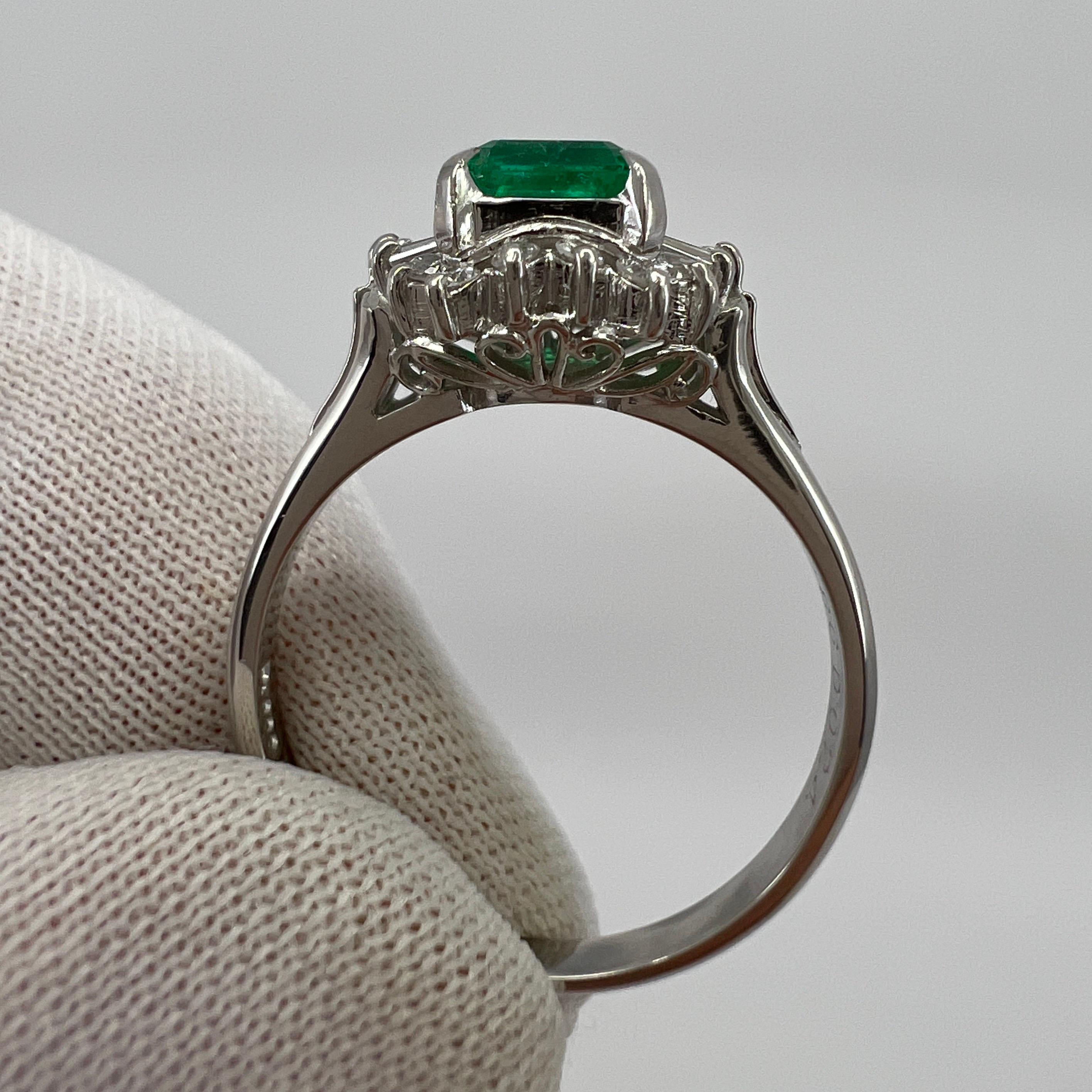 1.10 Carat Fine Vivid Green Colombian Emerald & Diamond Platinum Halo C Ring 2