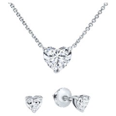 1.10 Carat Heart Shaped Stud Earrings and Necklace Jewelry Set in 14K White Gold