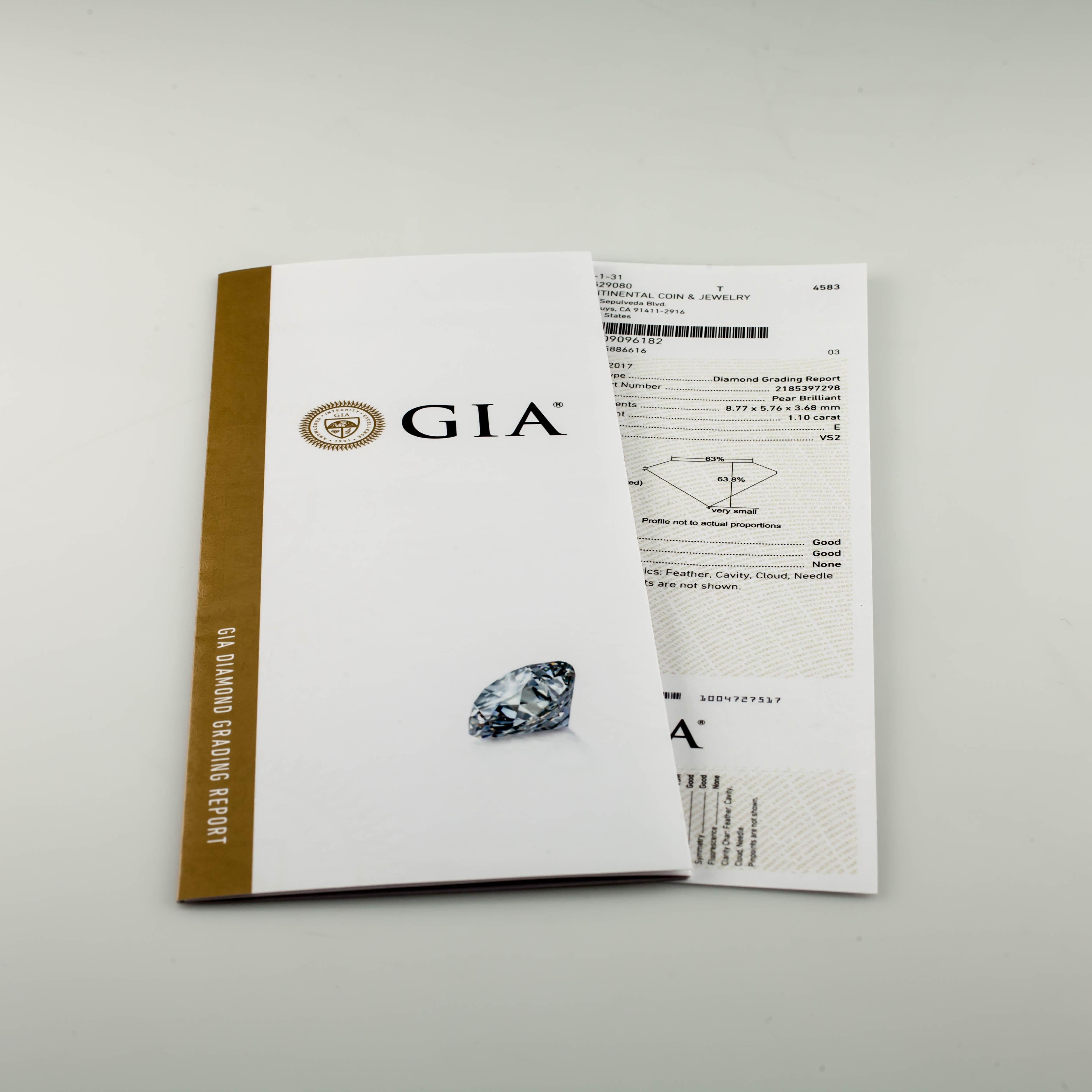1.10 Carat Loose E / VS2 Pear Shaped Cut Diamond GIA Certified For Sale 1