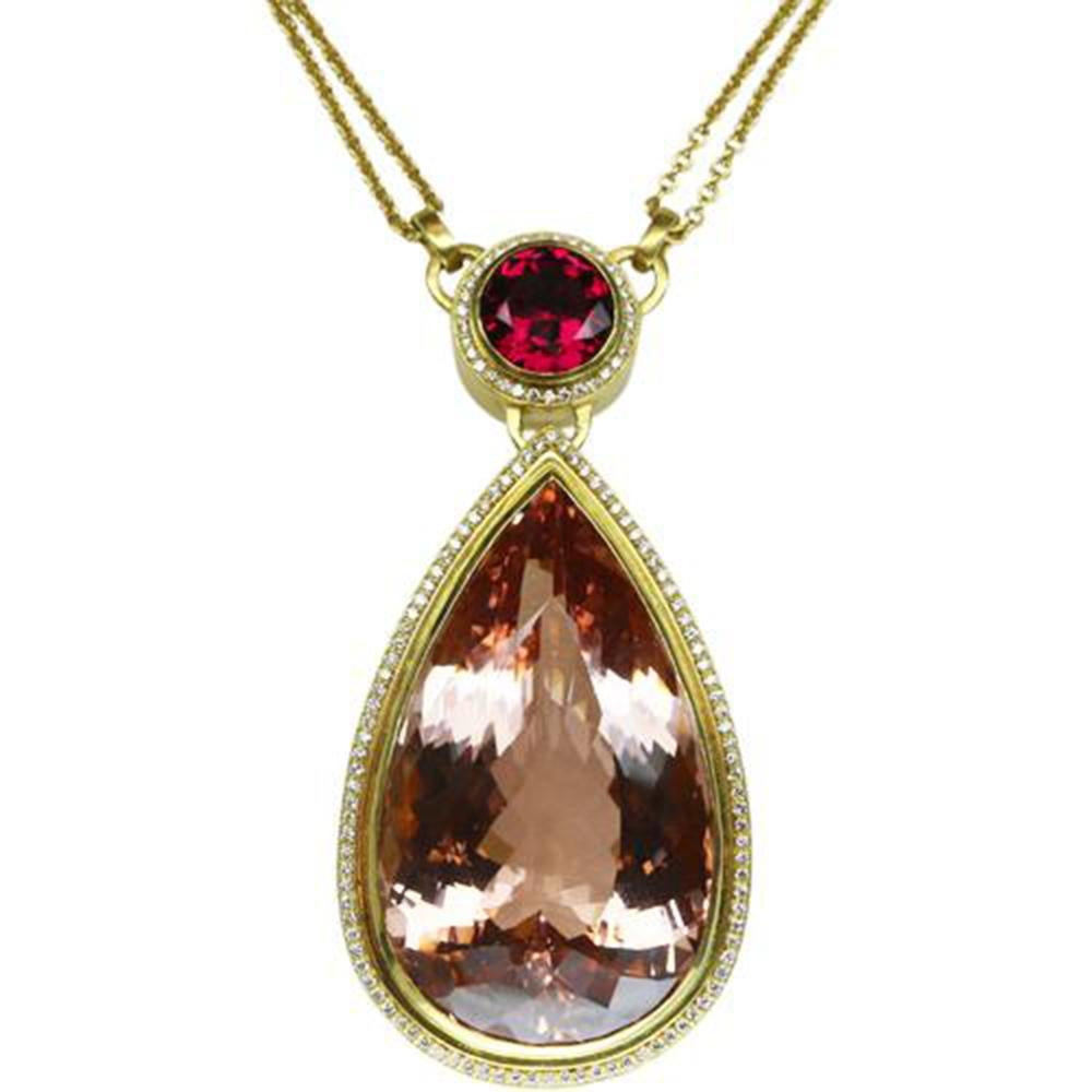110 Carat Morganite Rubelite and Diamond Gold Necklace Fine Estate Jewelry In Excellent Condition In Montreal, QC