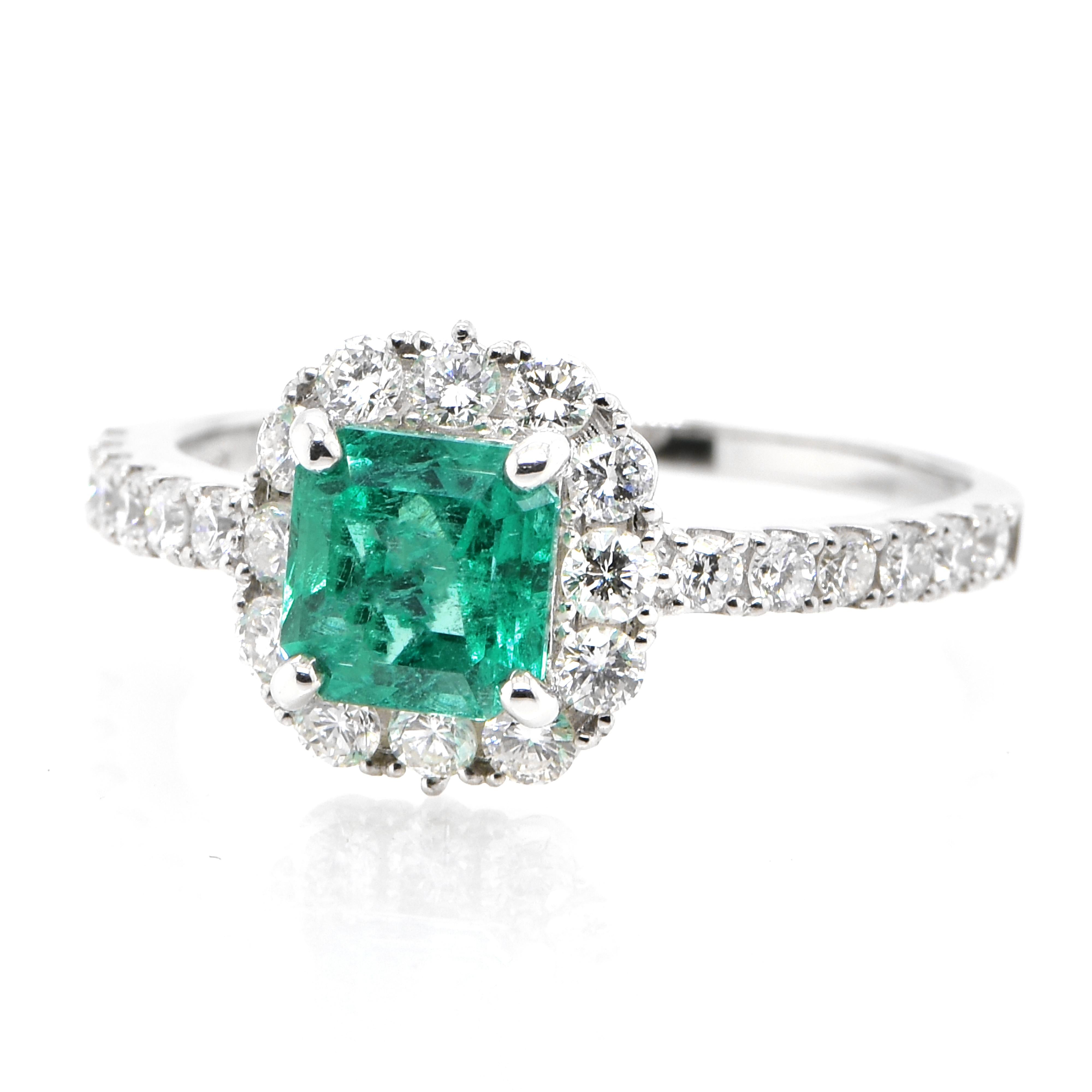 A stunning ring featuring a 1.104 Carat Natural Emerald and 0.67 Carats of Diamond Accents set in Platinum. People have admired emerald’s green for thousands of years. Emeralds have always been associated with the lushest landscapes and the richest
