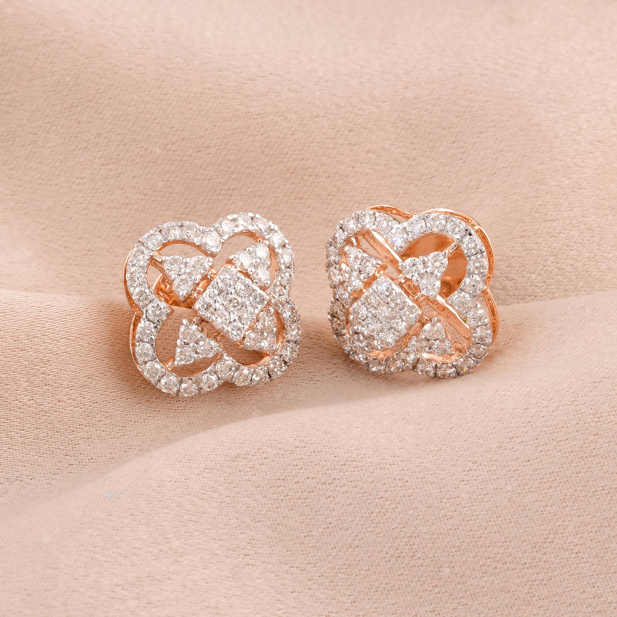 Modern 1.10 Carat Natural Diamond Pave Clover Design Stud Earrings 14 Karat Rose Gold For Sale