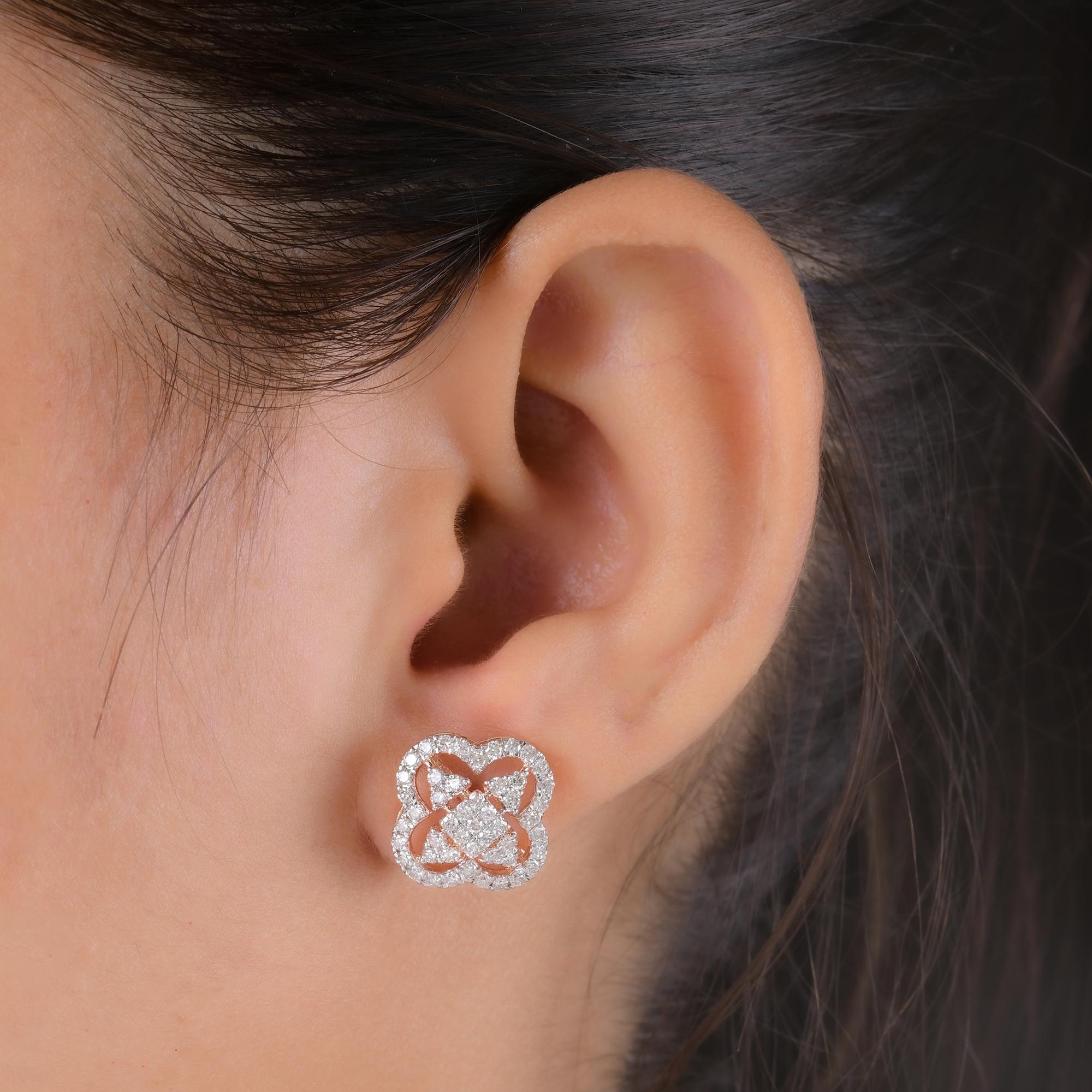 Round Cut 1.10 Carat Natural Diamond Pave Clover Design Stud Earrings 14 Karat Rose Gold For Sale