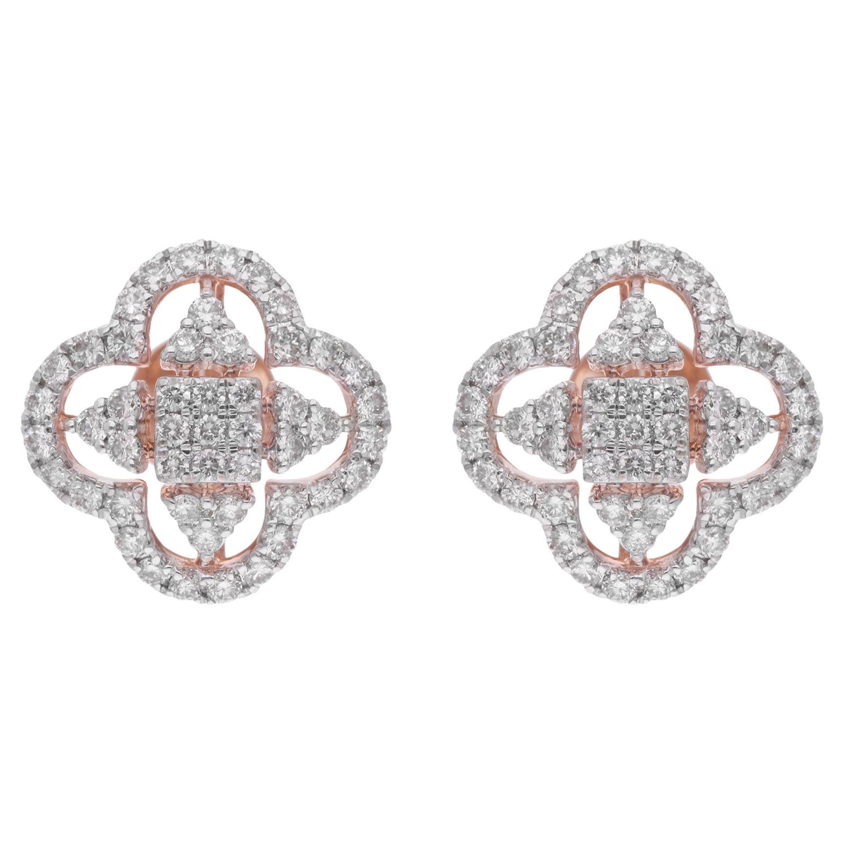 1.10 Carat Natural Diamond Pave Clover Design Stud Earrings 14 Karat Rose Gold For Sale