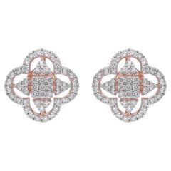 1.10 Carat Natural Diamond Pave Clover Design Stud Earrings 14 Karat Rose Gold