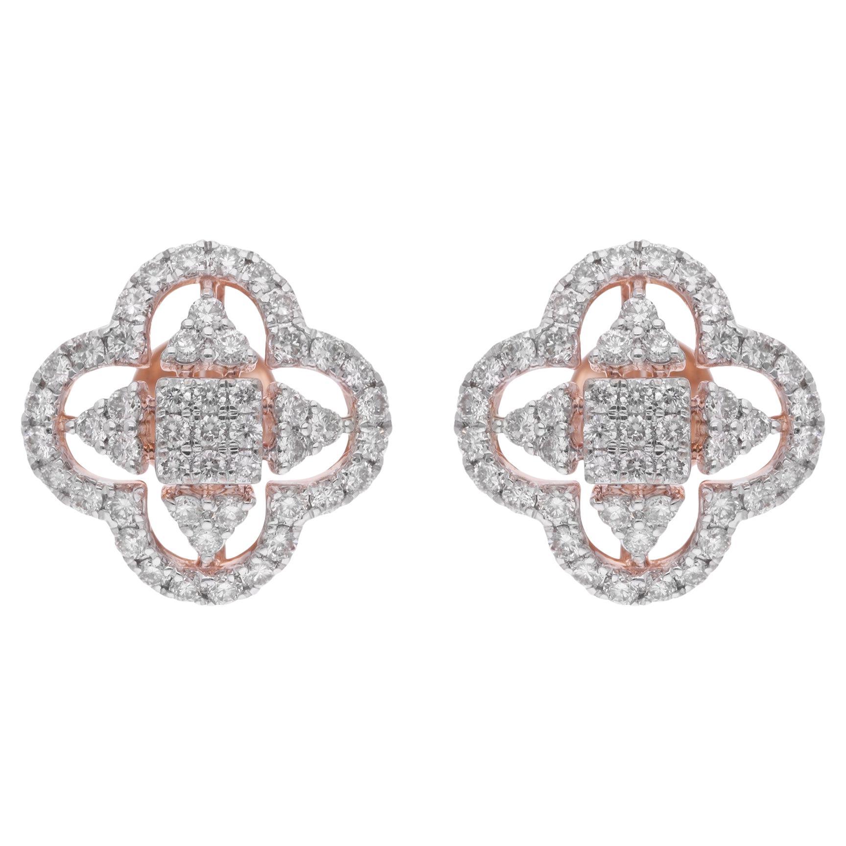 1.10 Carat Natural Diamond Pave Clover Design Stud Earrings 18 Karat Rose Gold