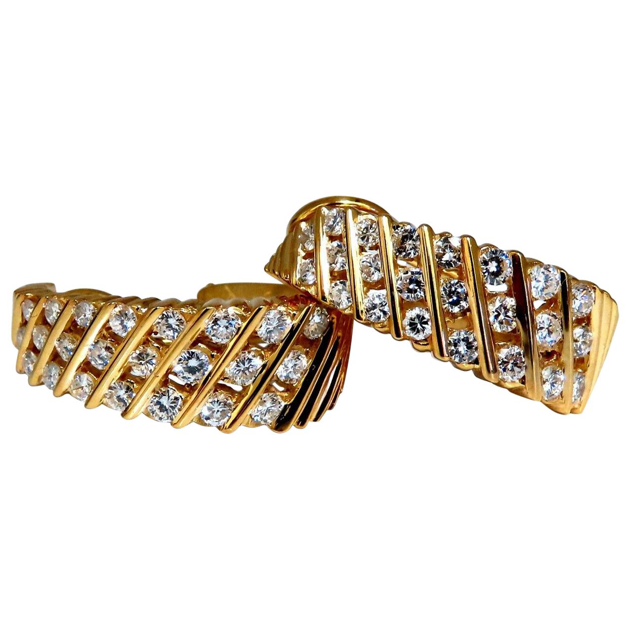 1.10 Carat Natural Diamonds Slant Row Channel Semi Hoop Earrings 14 Karat For Sale