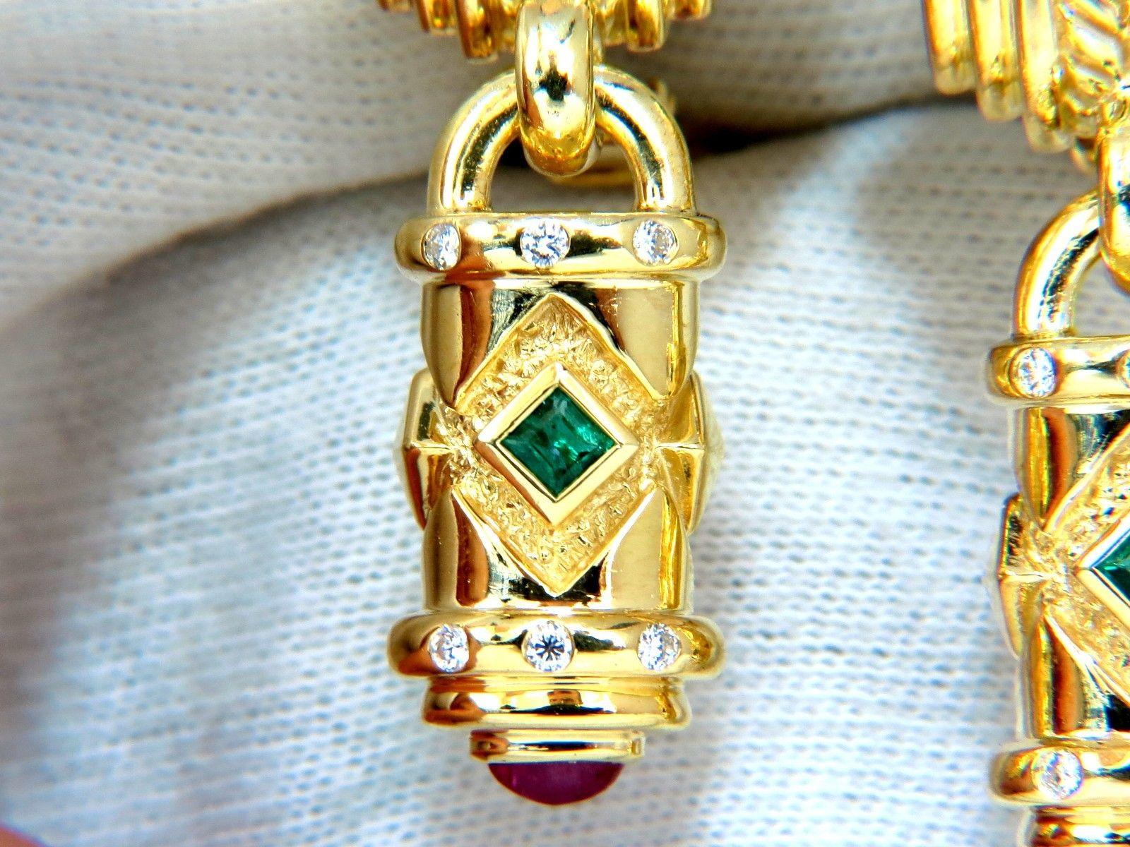 Women's or Men's 1.10 Carat Natural Emerald Ruby Sapphire Byzantine 18 Karat Dangle Earrings For Sale