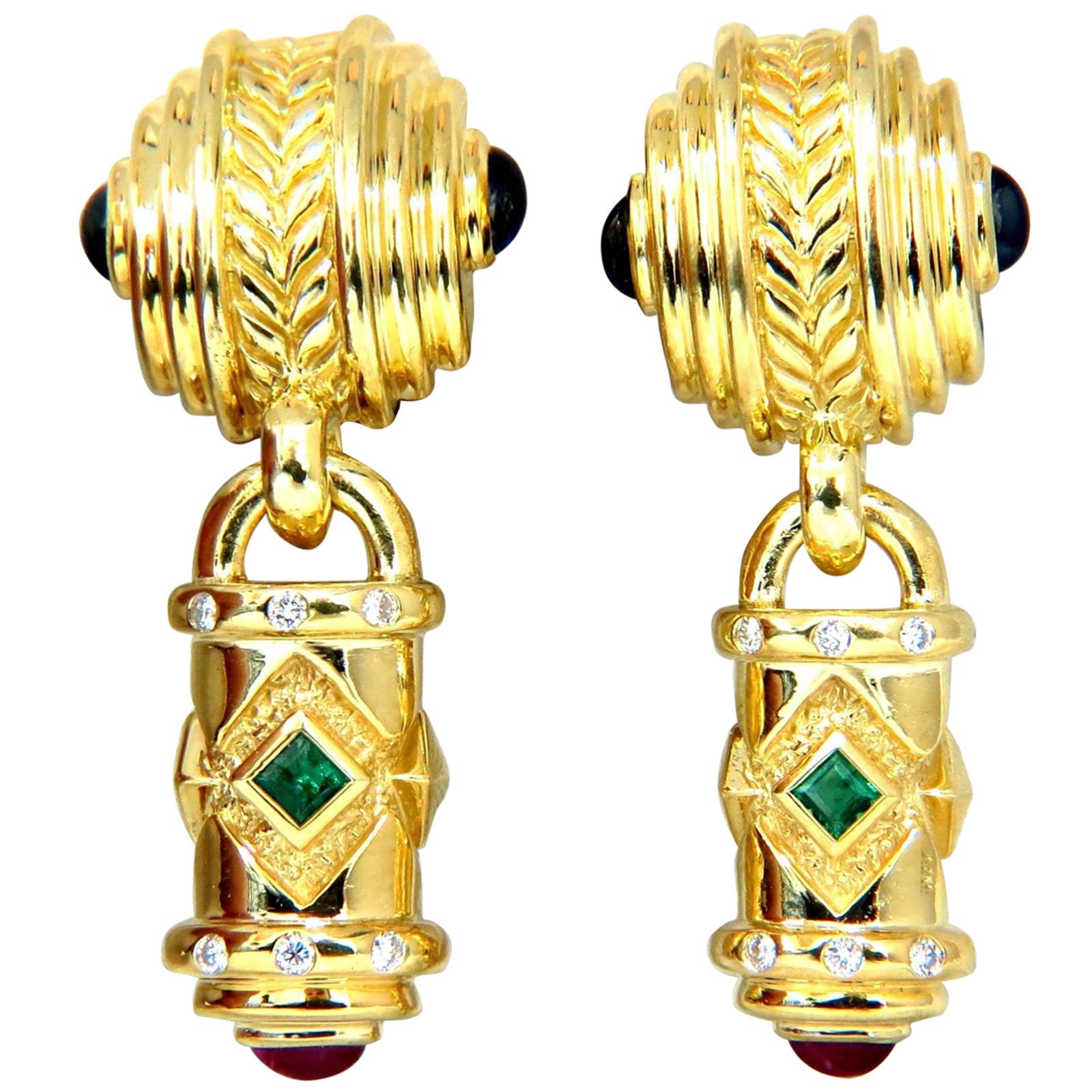 1.10 Carat Natural Emerald Ruby Sapphire Byzantine 18 Karat Dangle Earrings For Sale