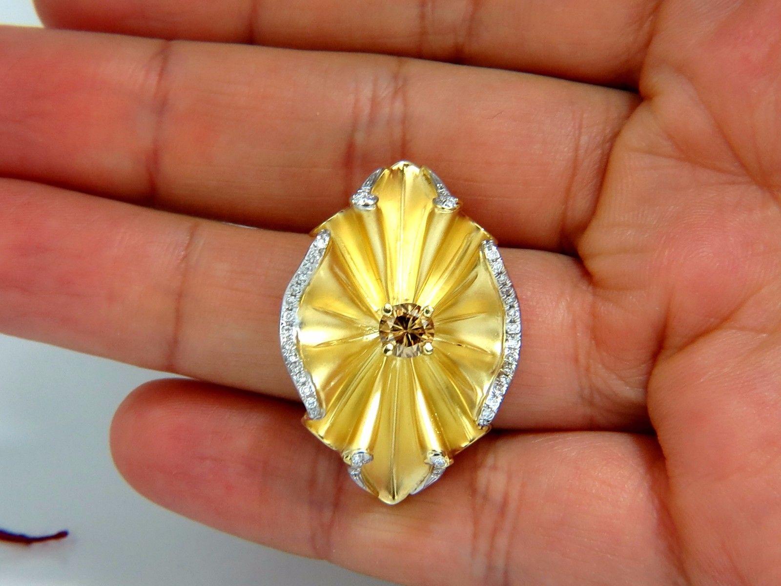 1.10 Carat Natural Fancy Orange Brown Round Diamond Ring 18 Karat Crease 3D Deco In New Condition In New York, NY