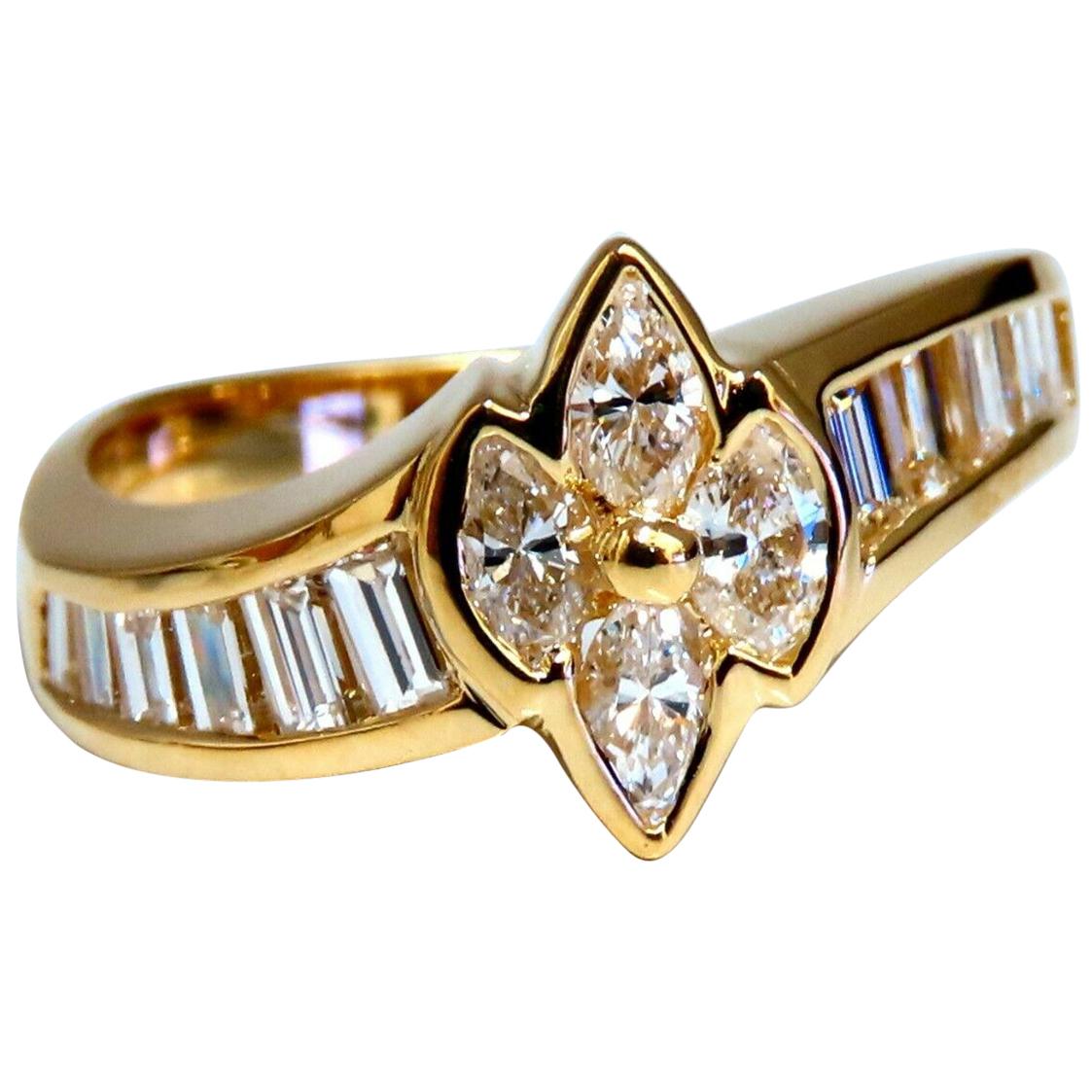 1.10 Carat Natural Marquise Diamonds Cluster Ring 18 Karat Baguette Accents