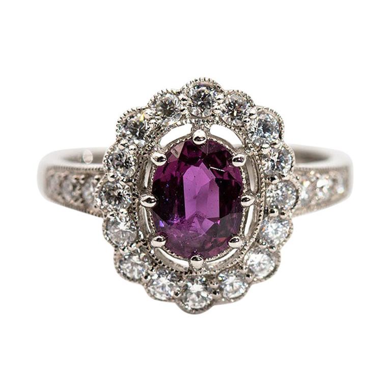 1.10 Carat Natural Oval Ruby and Round Diamond Platinum Halo Vintage Style Ring