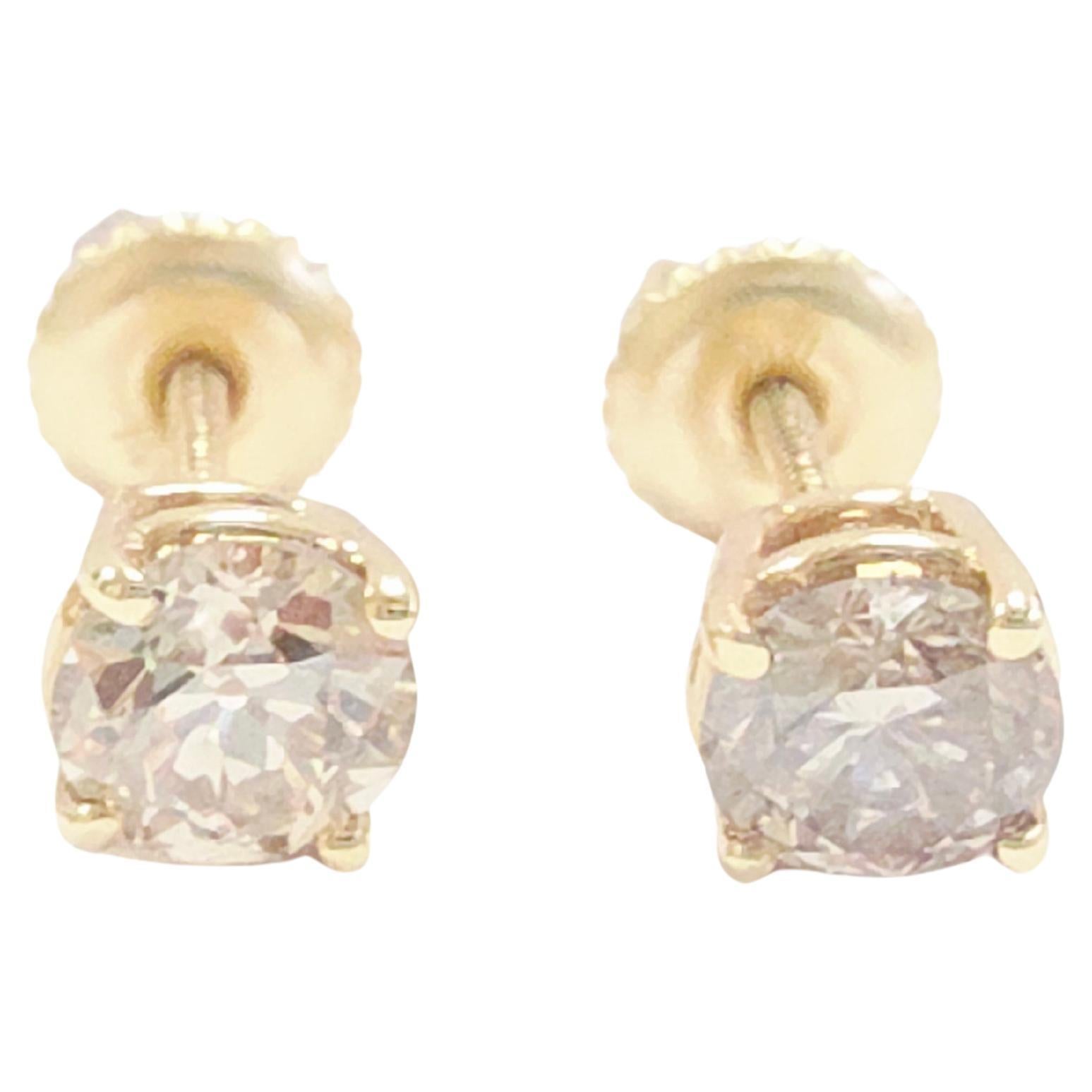 PRICED WHOLESALE, 1.10 Carat Natural Round Diamond Studs Yellow Gold 14 Karat