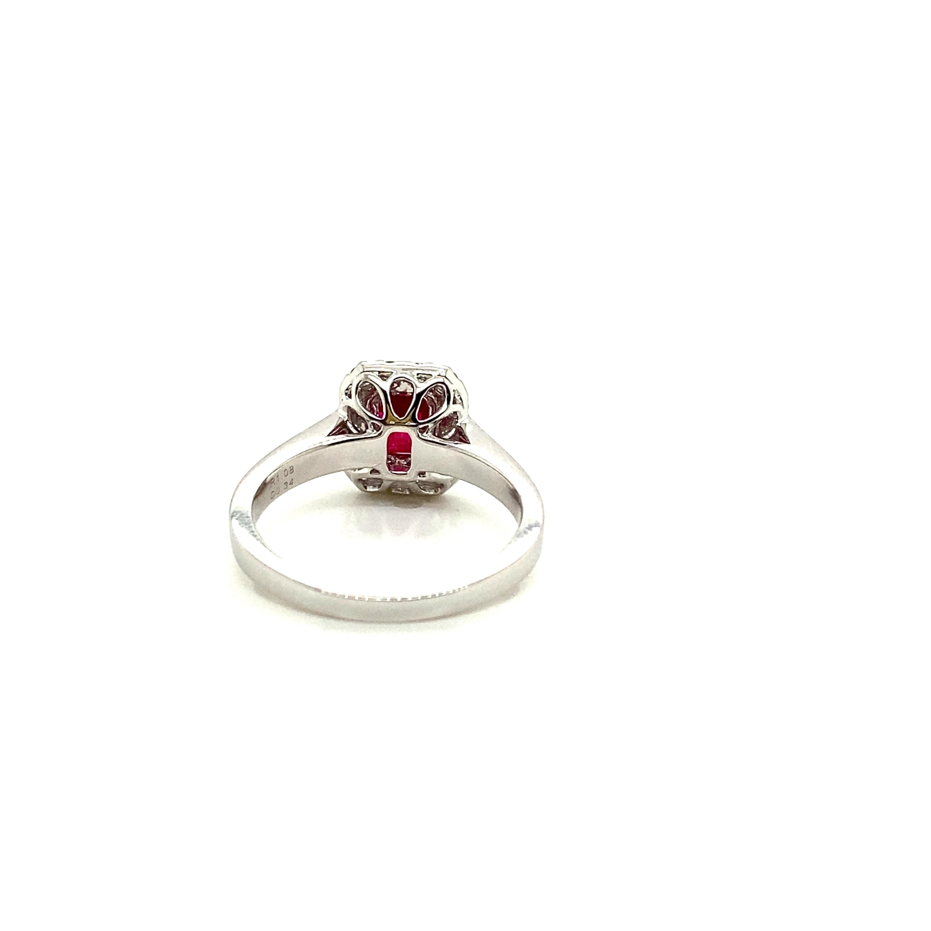 Emerald Cut 1.10 Carat Octagon-Cut Pigeon's Blood Red Ruby and White Diamond Engagement Ring For Sale