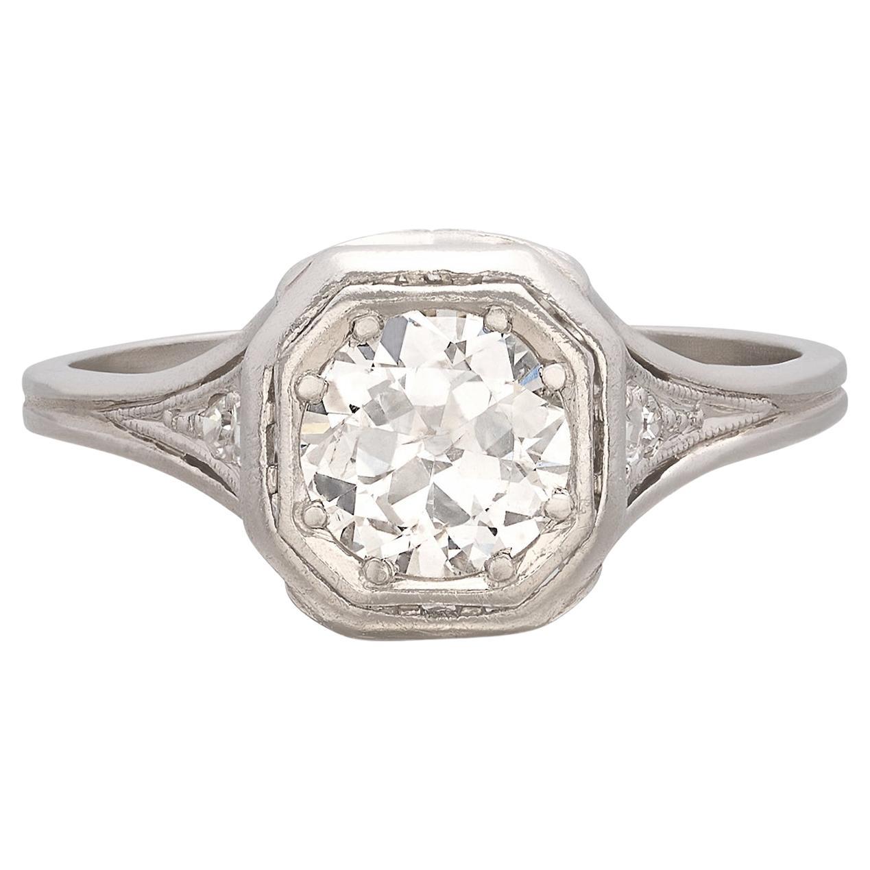 1.10 carat Old Euro Platinum & Diamond Ring For Sale