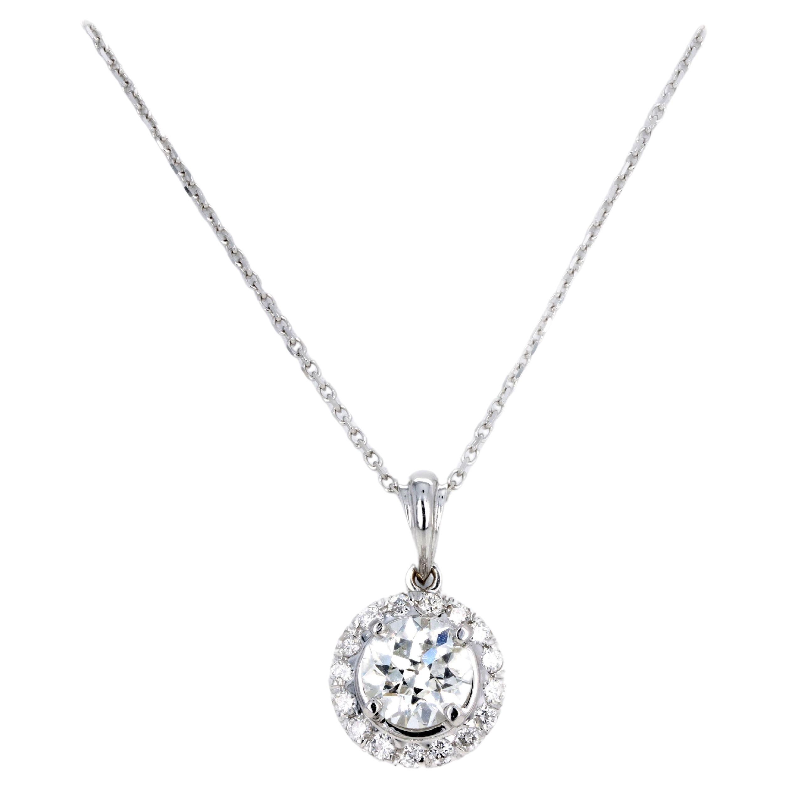 1.10 Carat Old European Diamond Halo Pendant Necklace in 18K White Gold For Sale