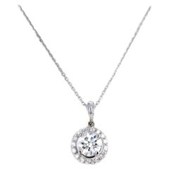 Collier à pendentif halo de diamants européens anciens de 1,10 carat en or blanc 18 carats