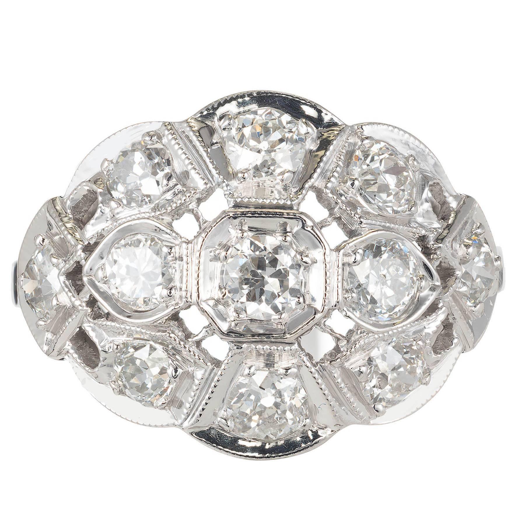 1.10 Carat Old European Diamond Pierced Art Deco Dome Gold Cocktail Ring