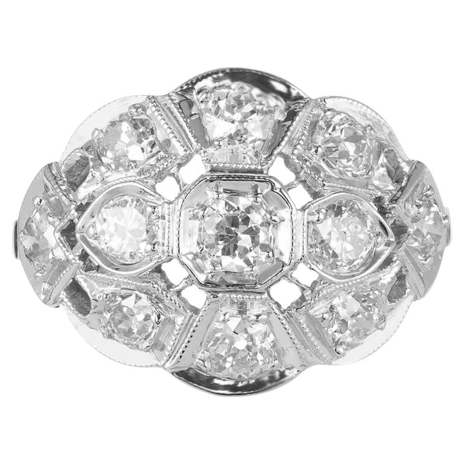 Bague cocktail en or avec dôme Art déco en forme de dôme avec diamant européen ancien de 1,10 carat