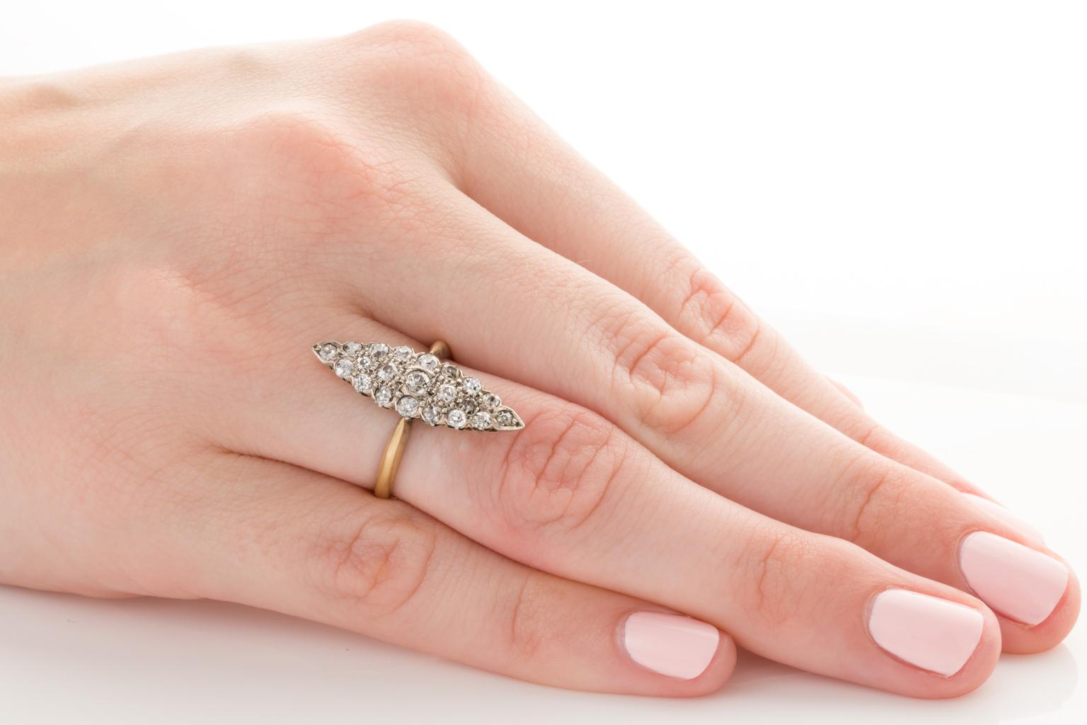 Women's 1.10 Carat Old Mine Cut Diamond Navette Ring For Sale
