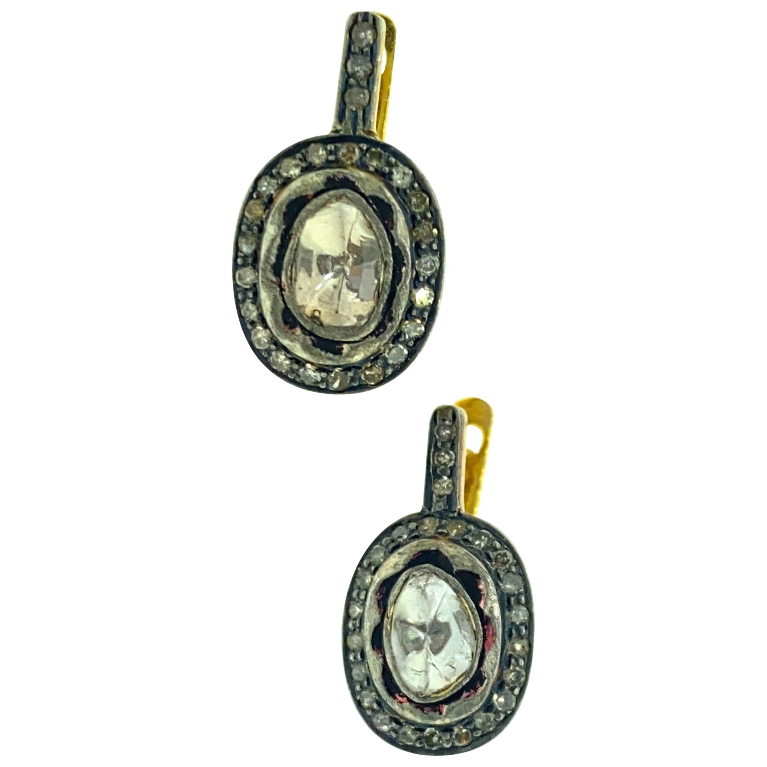 1.10 Carat Old Mine Cut 'Polki' Diamond Earring in Silver, 14 Karat Gold For Sale