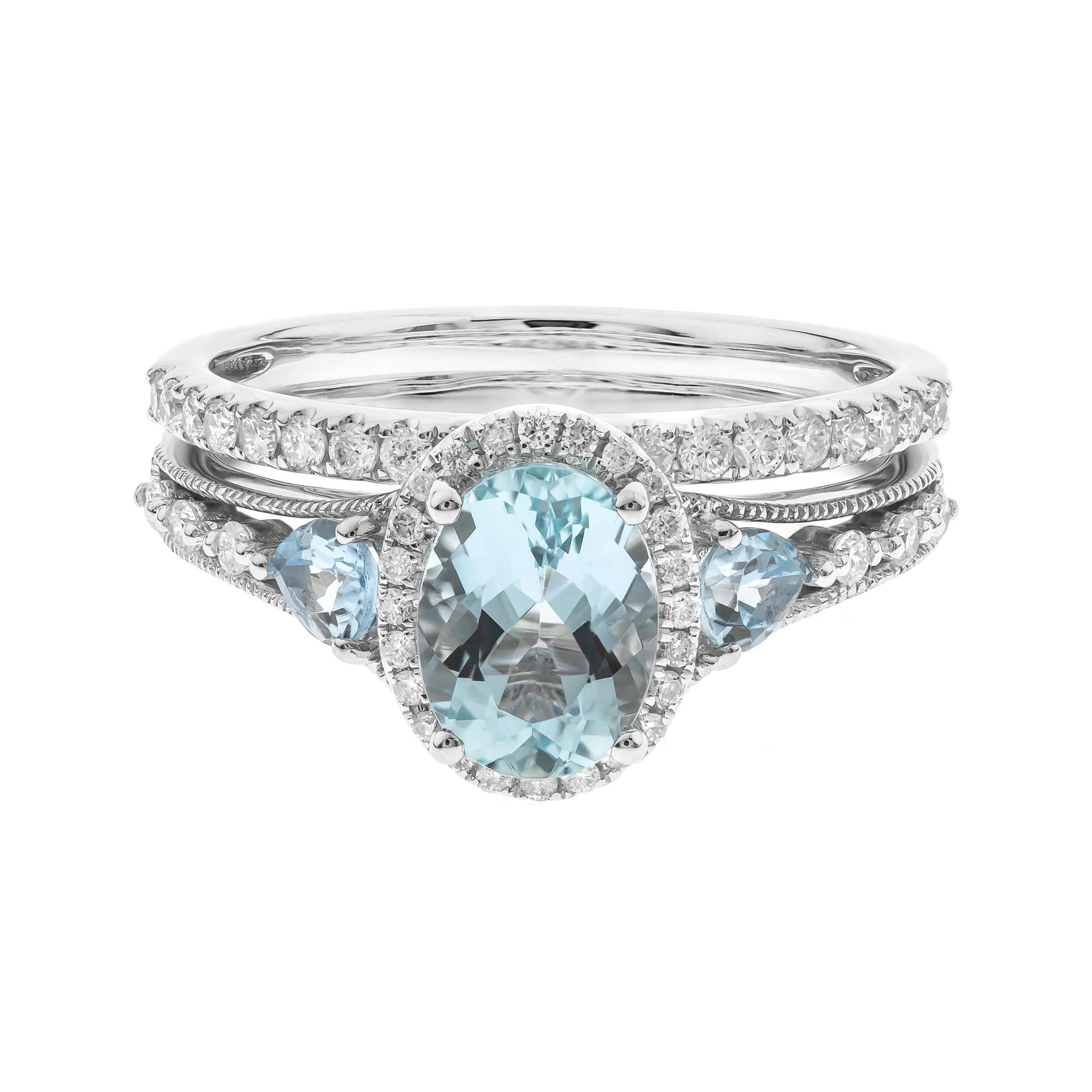 Art Deco 1.10 Carat Oval-Cut Aquamarine with Diamond Accents 14K White Gold Ring For Sale