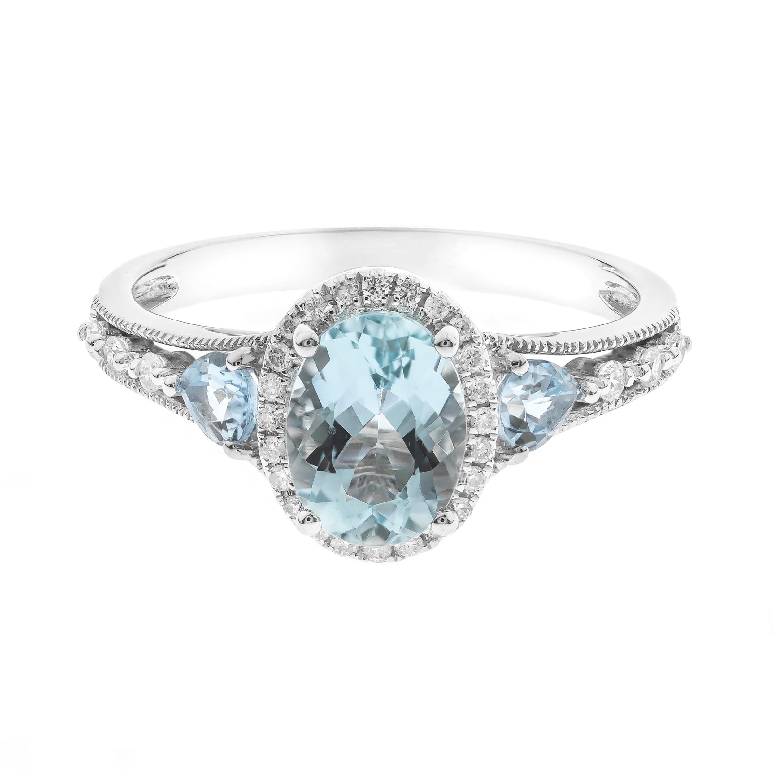 Stunning, timeless and classy eternity Unique Ring. Decorate yourself in luxury with this Gin & Grace Ring. The 14K Yellow Gold jewelry boasts 8x6 mm (1 pcs) 1.10 carat Oval-Cut, 4x3 mm (2 pcs) 0.28 carat Pear-cut Aquamarine, along with Natural