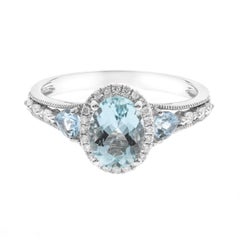 1.10 Carat Oval-Cut Aquamarine with Diamond Accents 14K White Gold Ring