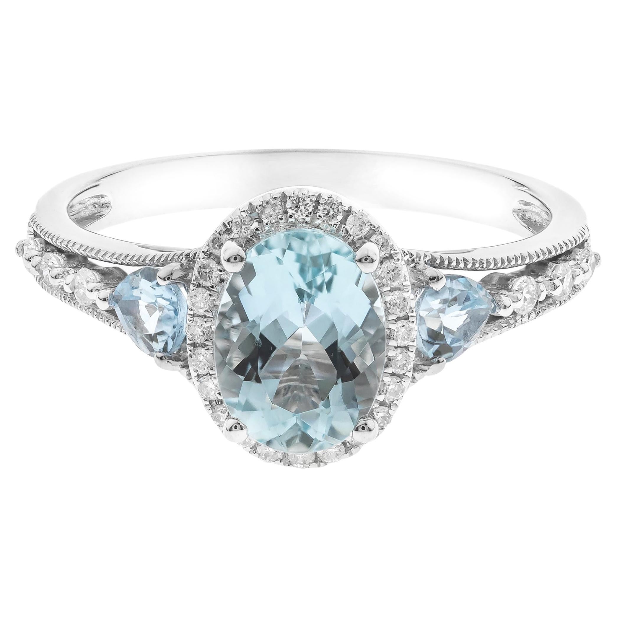1.10 Carat Oval-Cut Aquamarine with Diamond Accents 14K White Gold Ring For Sale