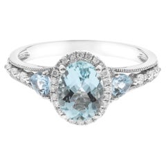 Vintage 1.10 Carat Oval-Cut Aquamarine with Diamond Accents 14K White Gold Ring