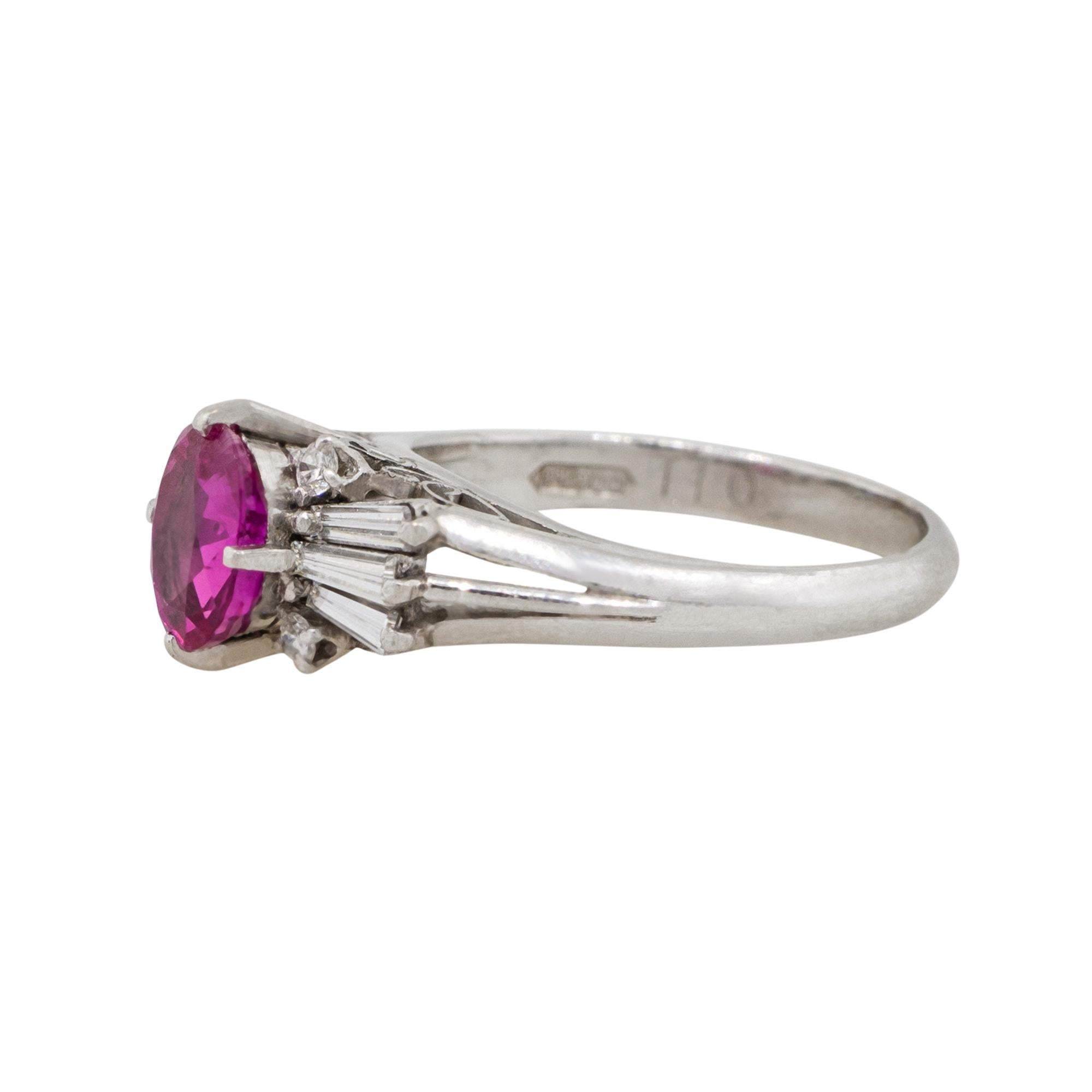 Material: Platinum
Gemstone details: Approx. 1.10ctw  oval shaped Ruby center gemstone
Diamond details: Approx. 0.34ctw of round and baguette cut Diamonds. Diamonds are G/H in color and VS in clarity
Ring Size: 4.75
Ring Measurements: 0.75