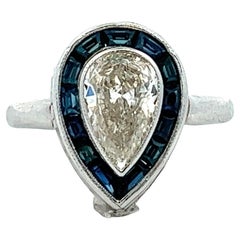 1.10 Carat Pear Diamond Sapphire Halo Vintage White Gold Engagement Ring