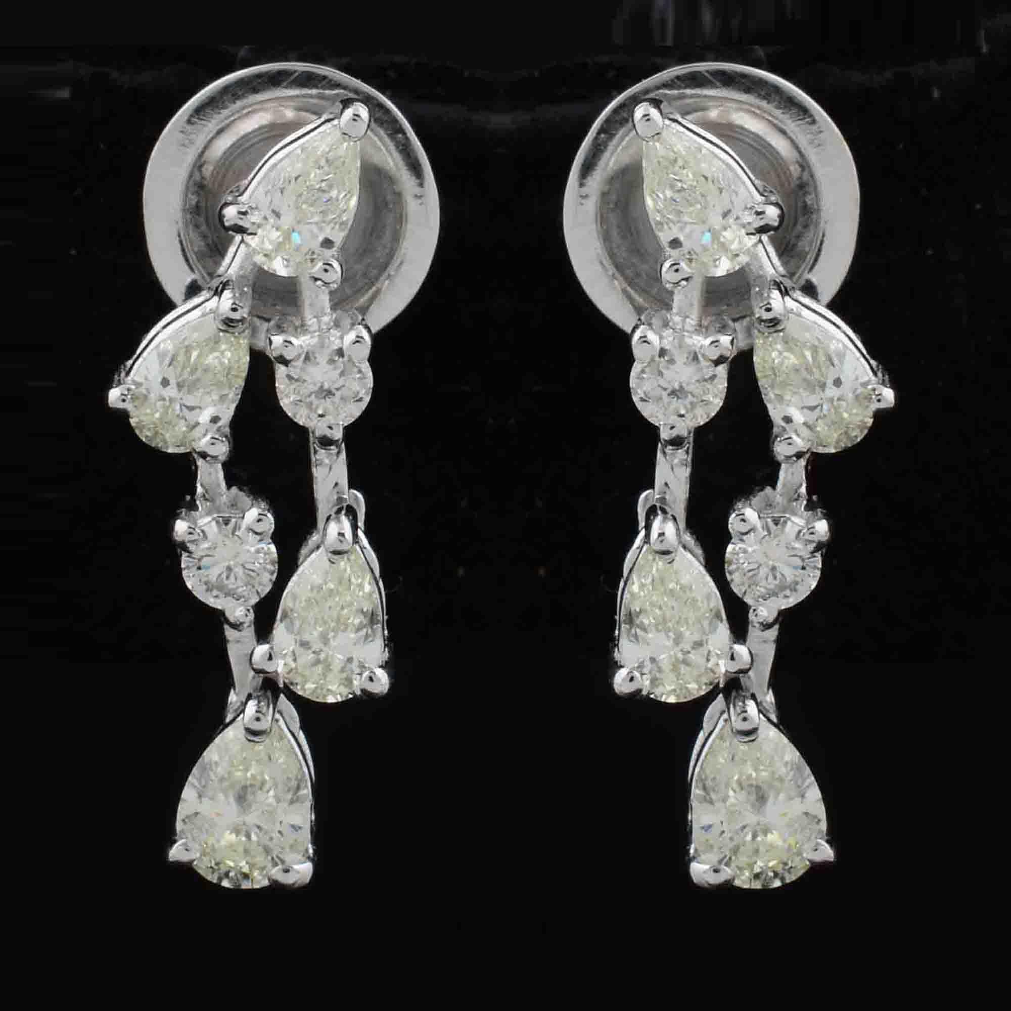 Pear Cut 1.10 Carat Pear & Round Diamond Dangle Earrings 14 Karat White Gold Fine Jewelry For Sale
