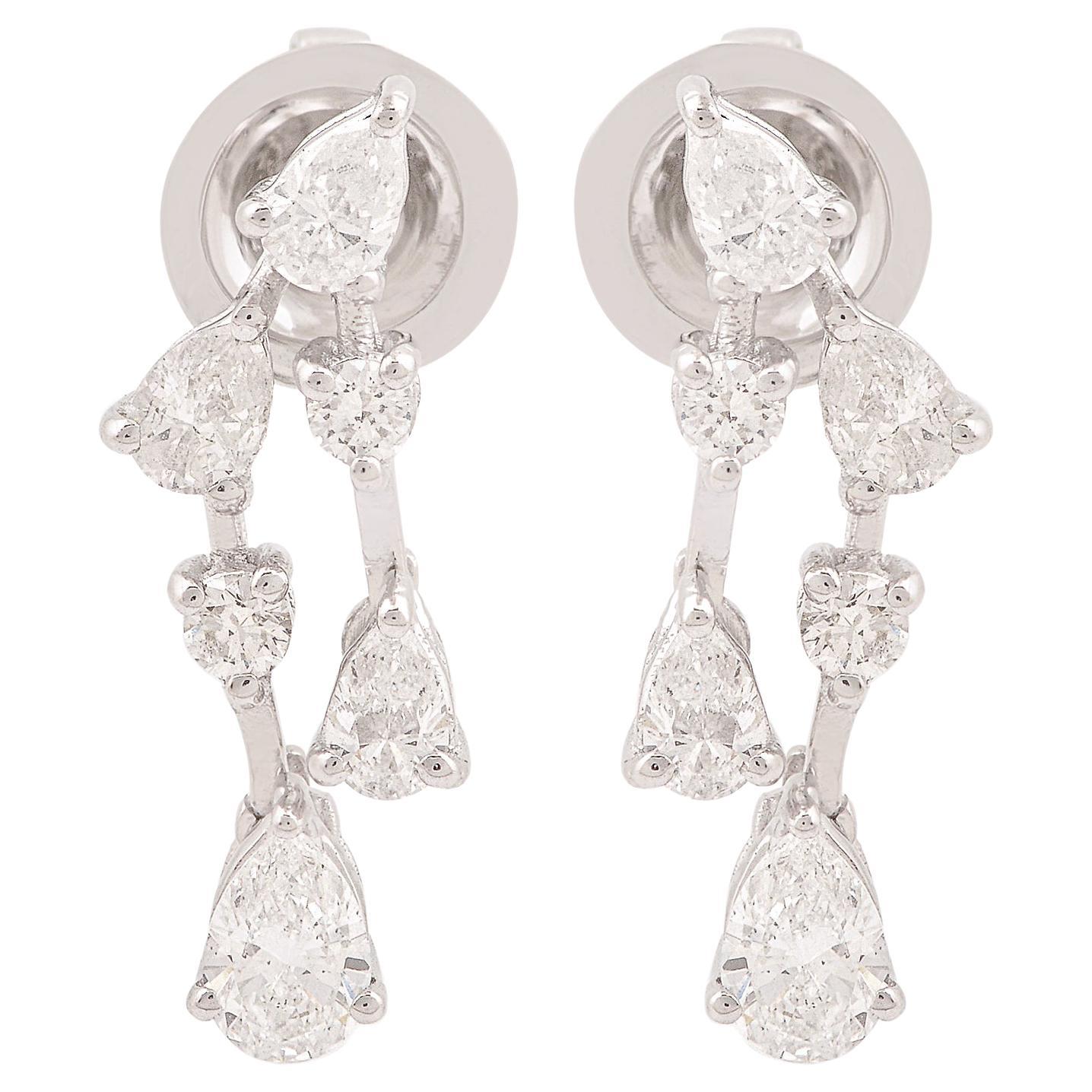 1.10 Carat Pear & Round Diamond Dangle Earrings 14 Karat White Gold Fine Jewelry For Sale