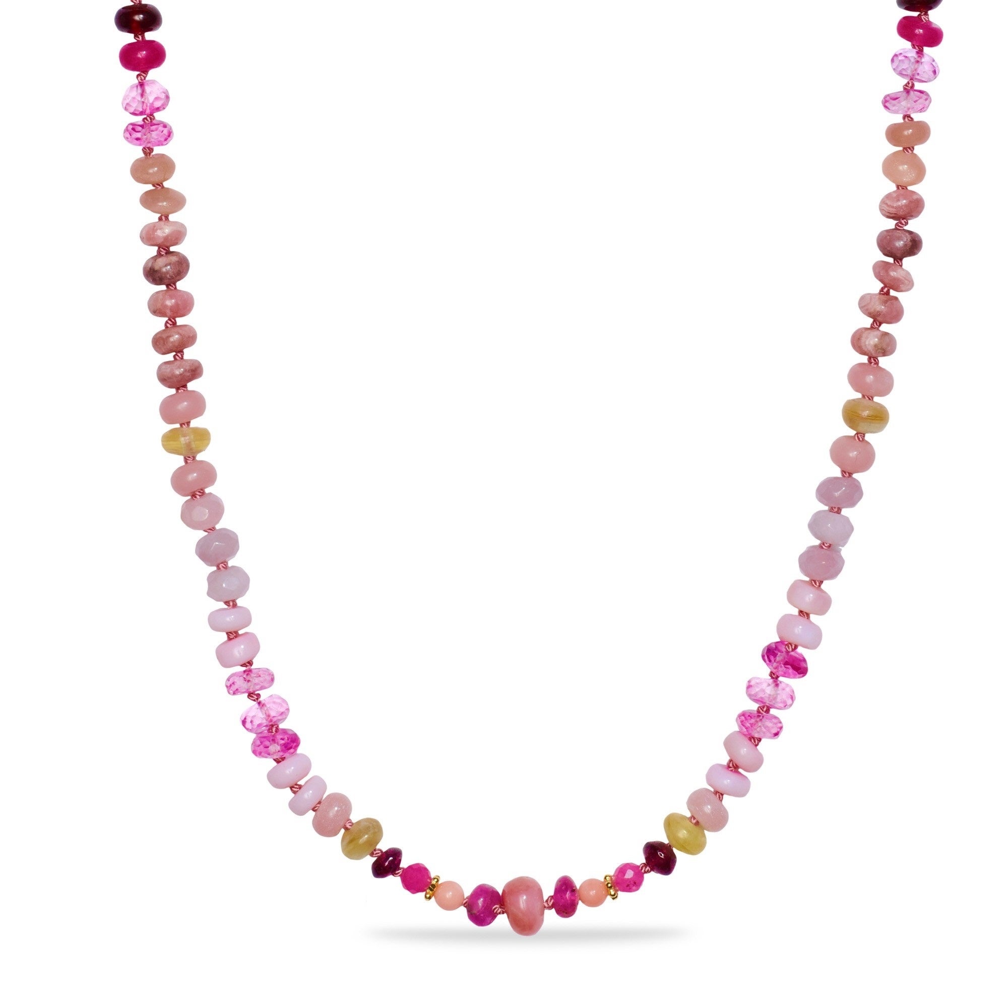 Modern Genuine 110 Carat Pink Sapphire and Australian Opal Beaded Yellow Gold Necklace For Sale